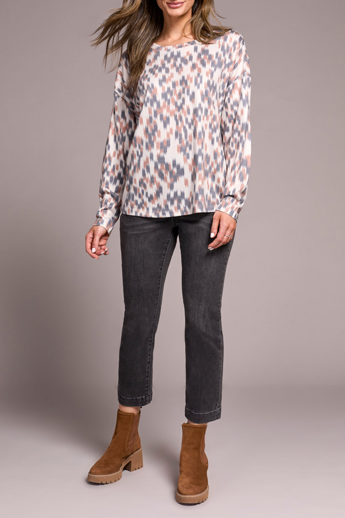 Fuzzy Soft Crew Neck Combo Print Knit Top