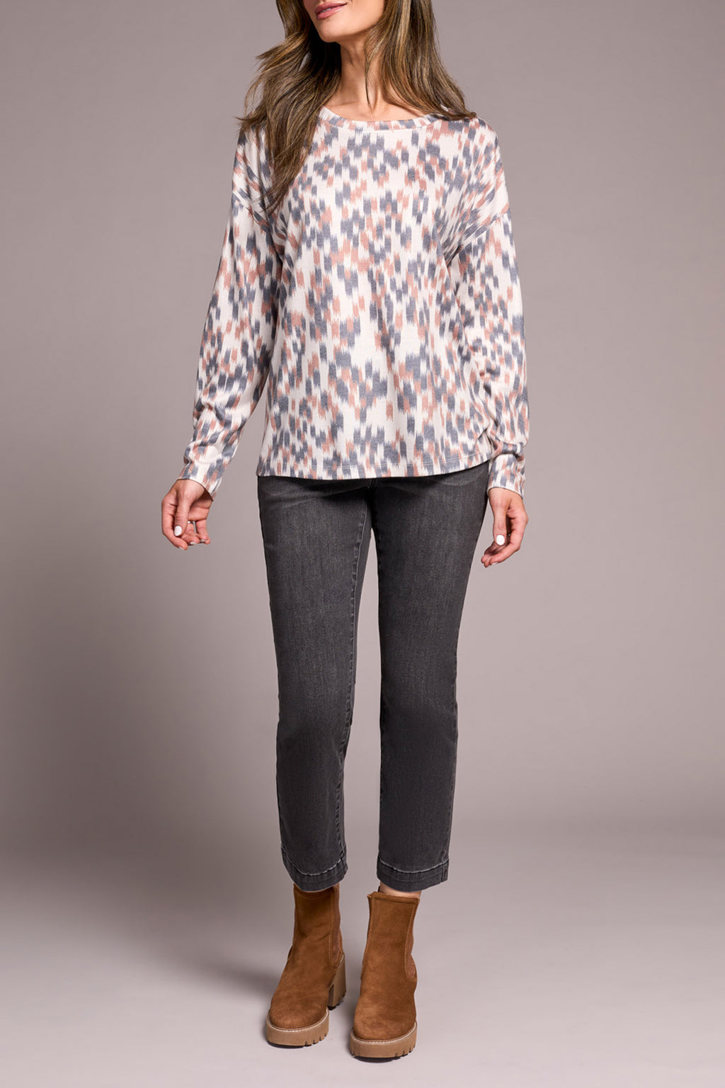 Fuzzy Soft Crew Neck Combo Print Knit Top