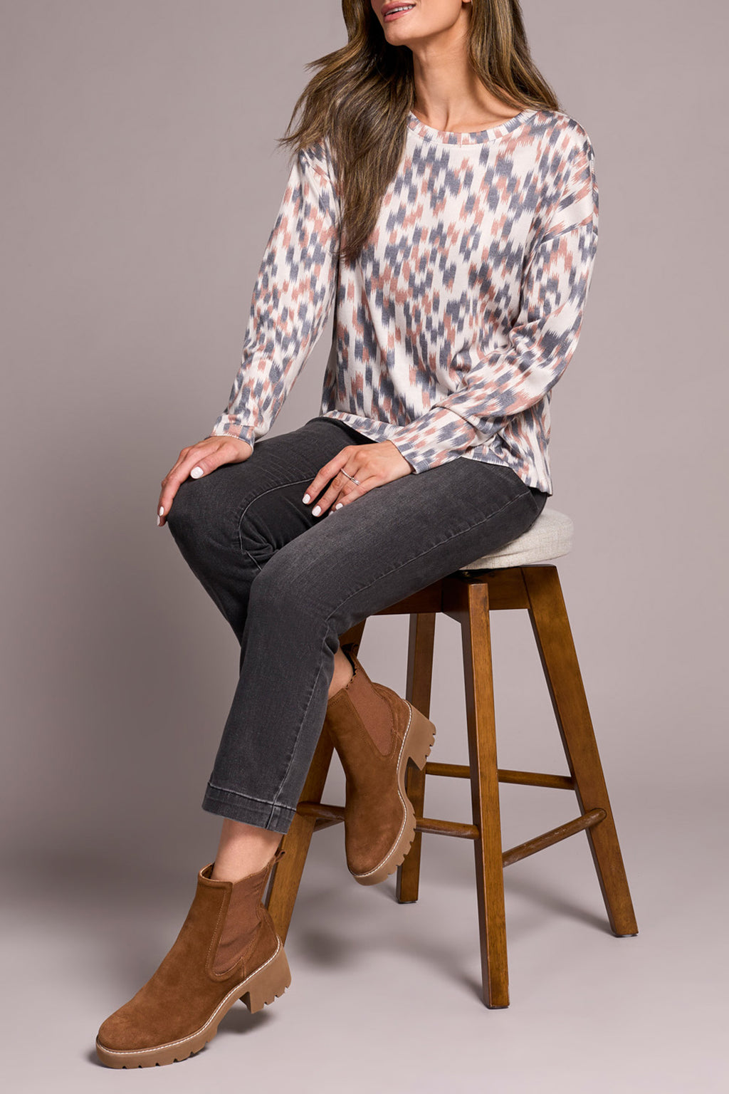 Fuzzy Soft Crew Neck Combo Print Knit Top