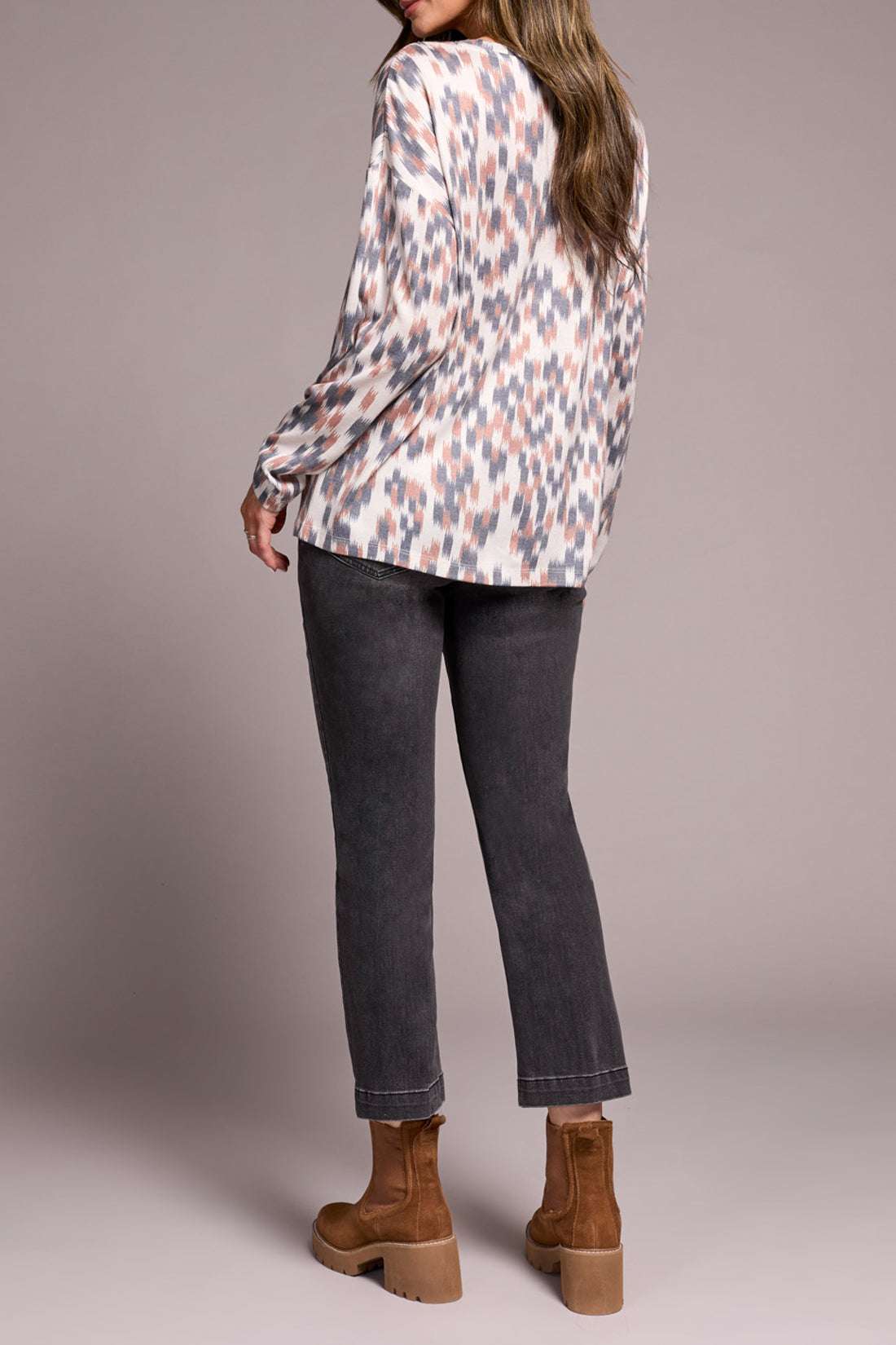 Fuzzy Soft Crew Neck Combo Print Knit Top