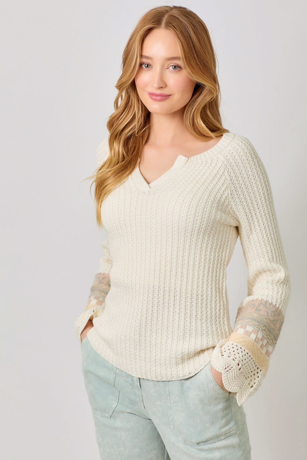 Mixed Media Sleeve Henley Sweater