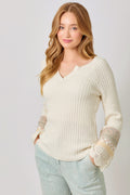 Mixed Media Sleeve Henley Sweater