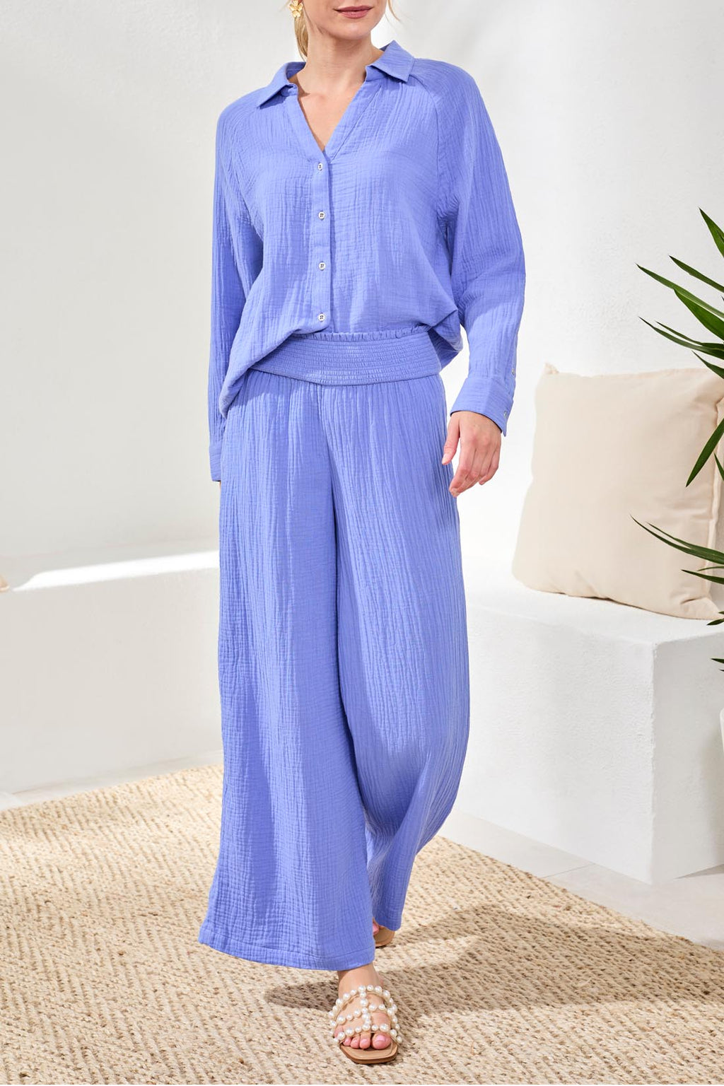 Crinkle Gauze Elastic Waist Flowy Pants