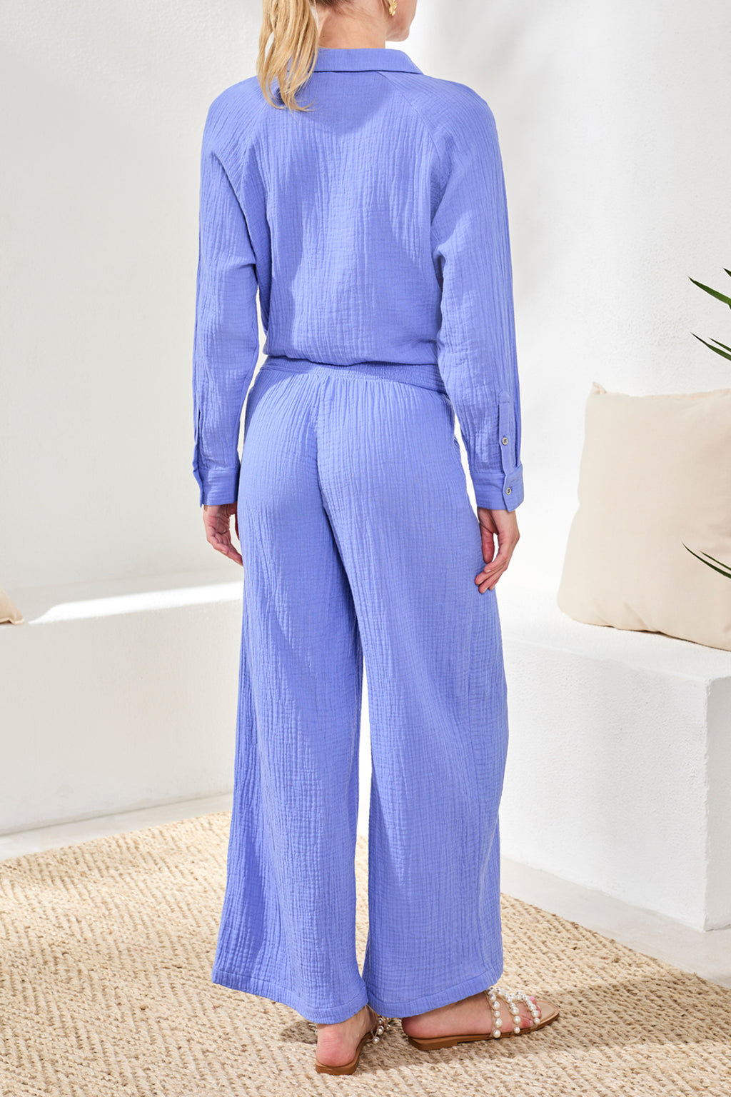 Crinkle Gauze Elastic Waist Flowy Pants