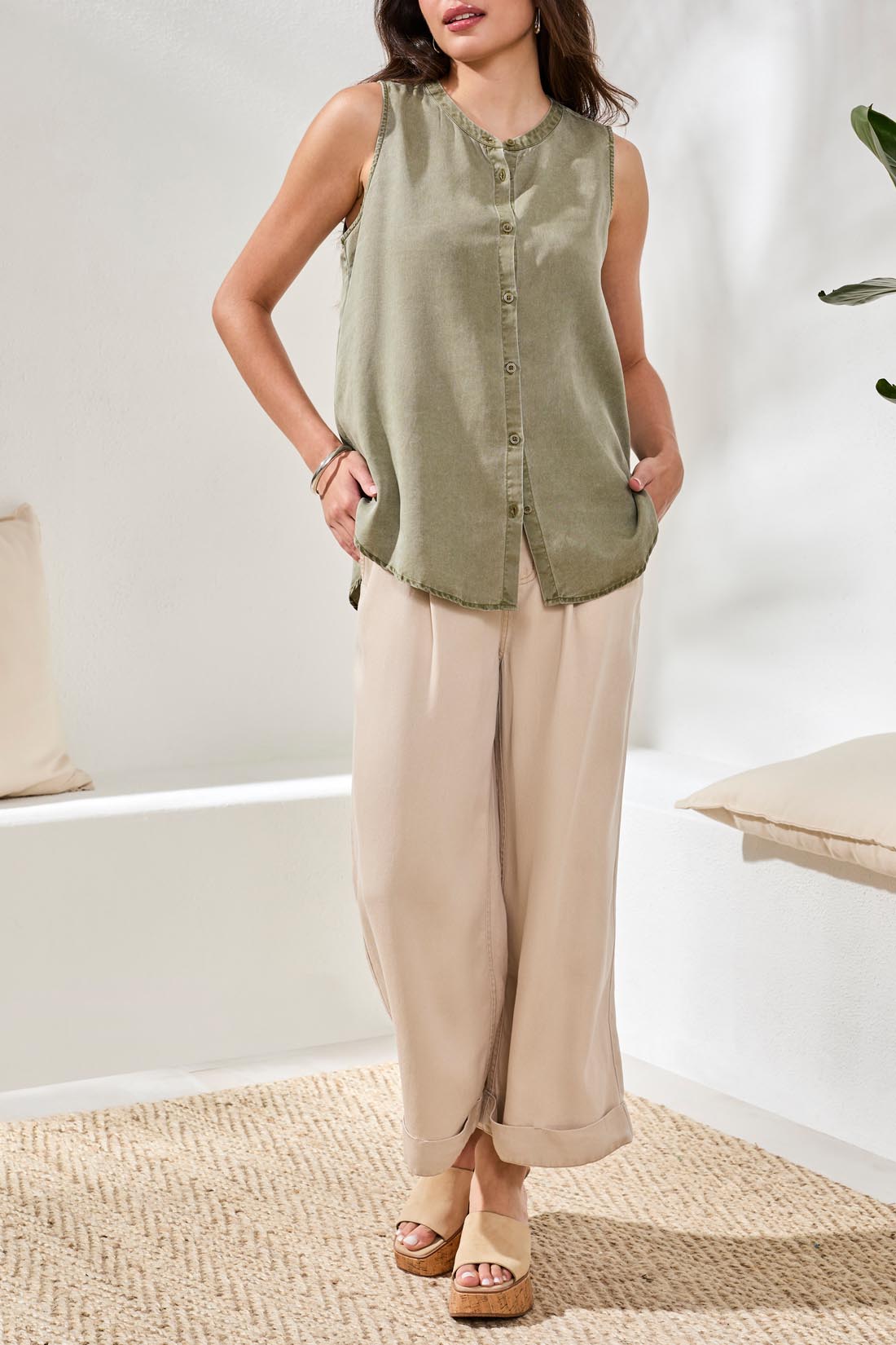 Flowy Sleeveless Button Front Blouse