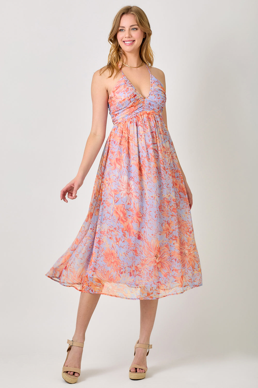 Floral Print Crossed Strap Midi Dress