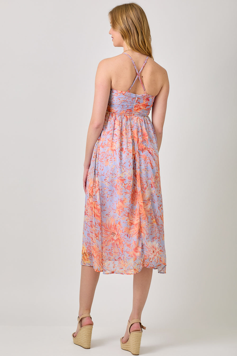 Floral Print Crossed Strap Midi Dress