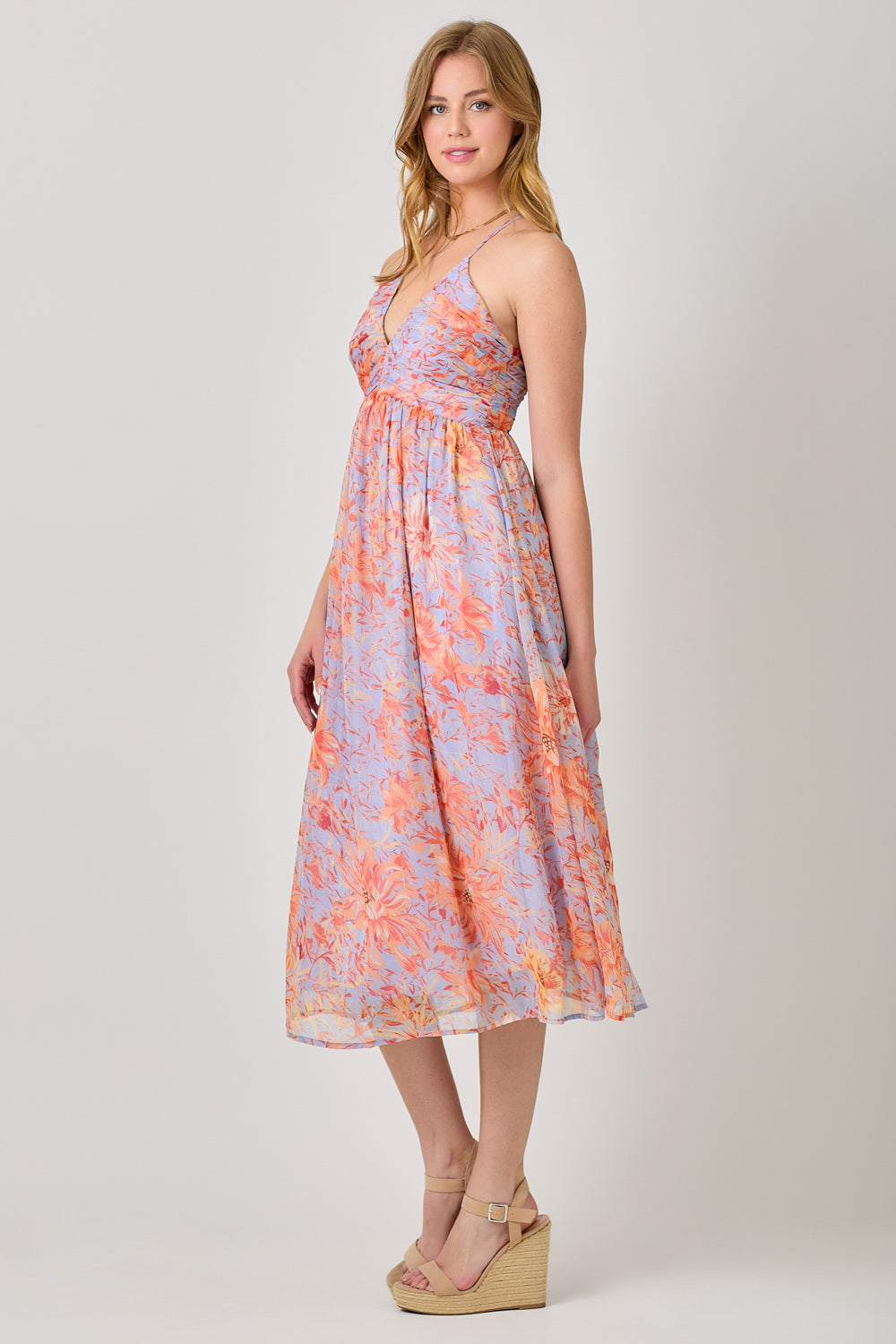 Floral Print Crossed Strap Midi Dress