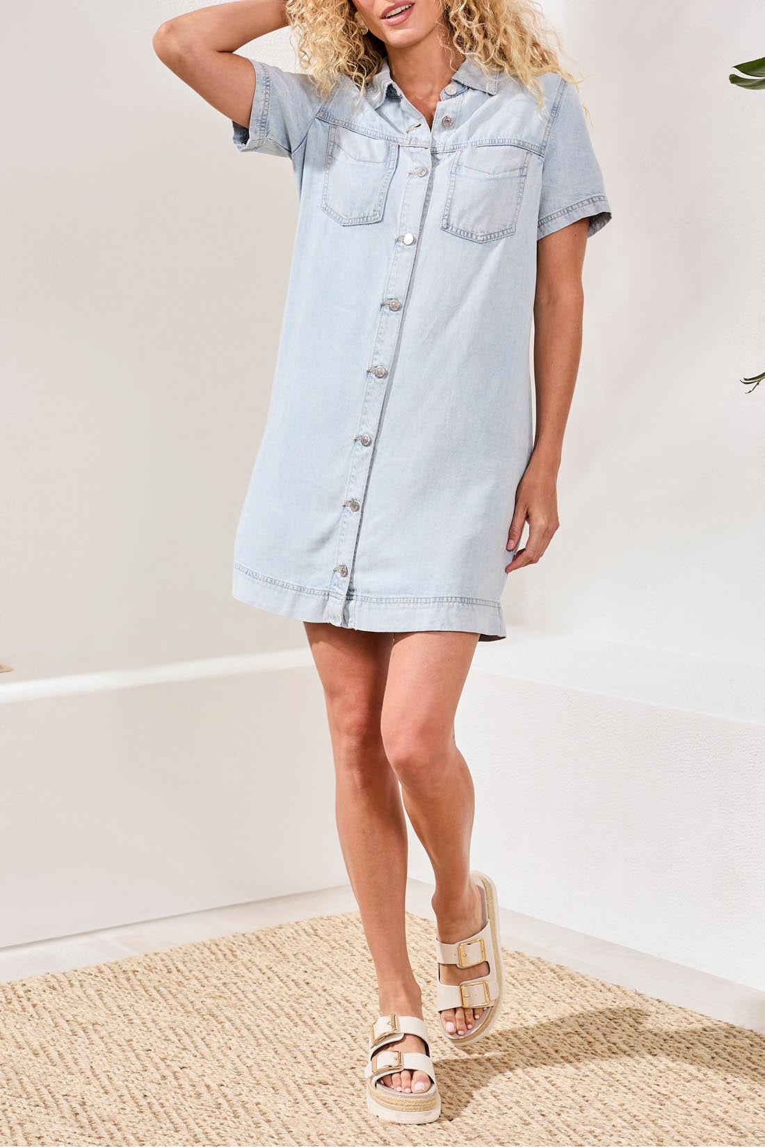Button Front Tencel Denim Shift Dress