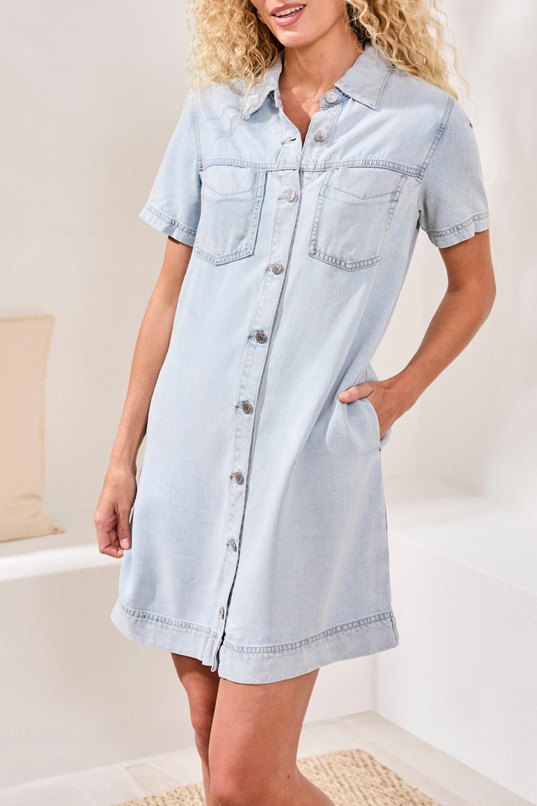 Button Front Tencel Denim Shift Dress