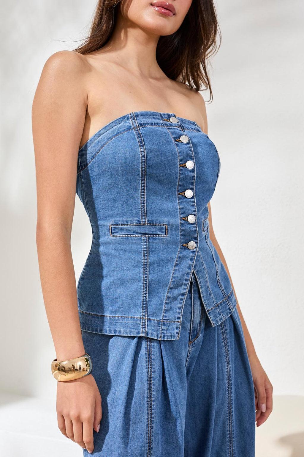 Button Front Denim Bustier Top