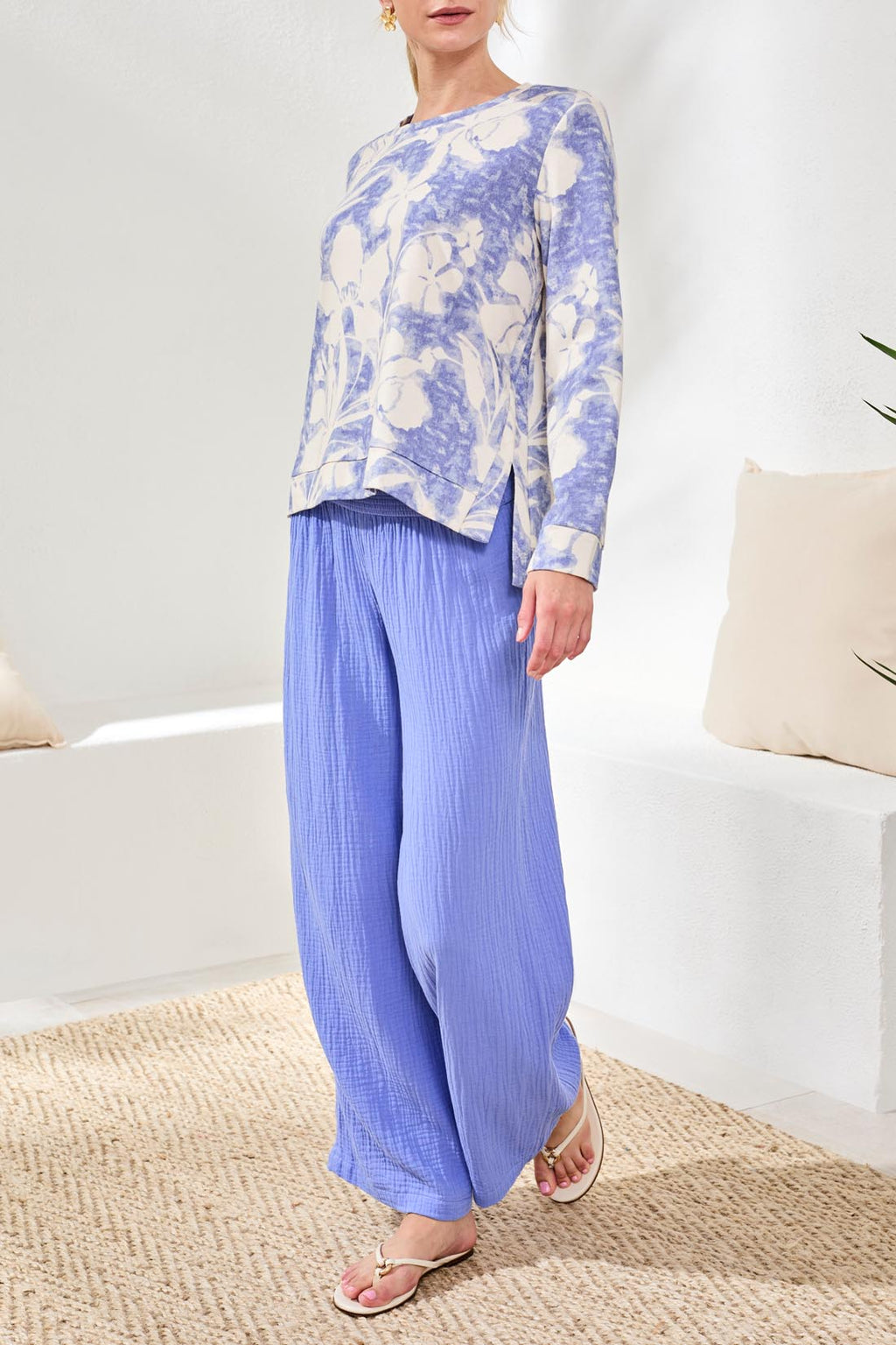 Soft Crew Neck Long Sleeve Top With Side Slits