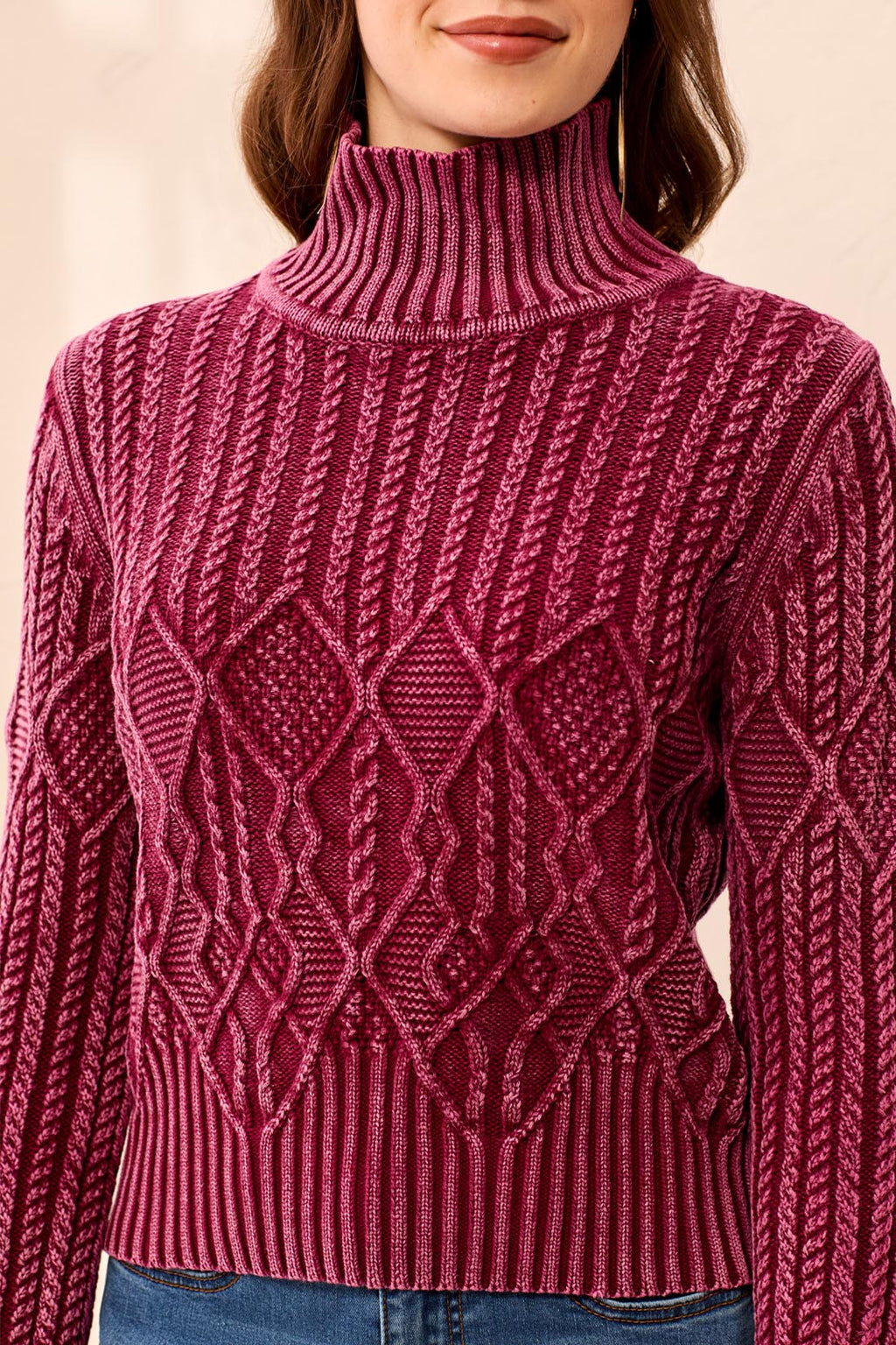 Mock Neck Cable Knit Cotton Sweater
