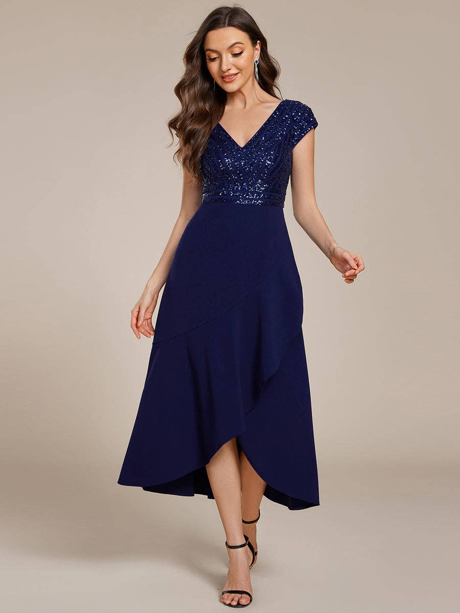 Asymmetrical Hem V-Neck Formal Evening Dress