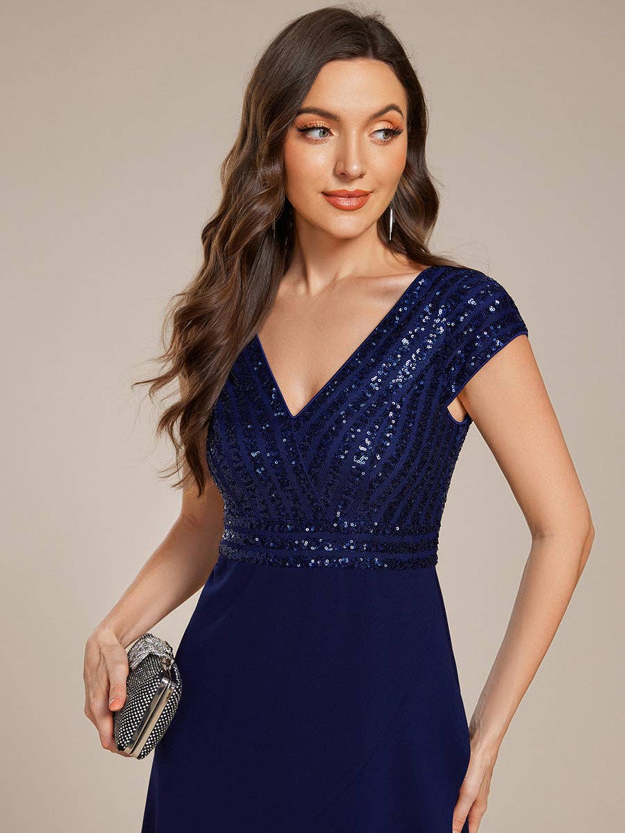 Asymmetrical Hem V-Neck Formal Evening Dress