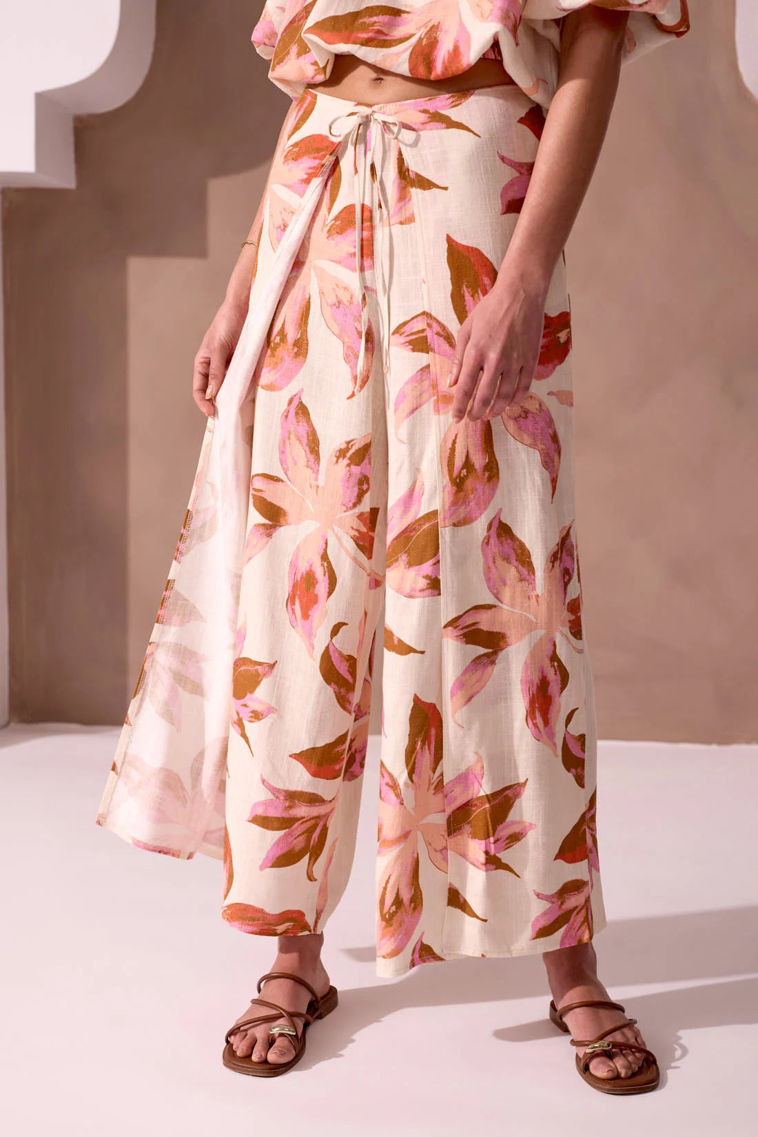 Soft Linen Wide-Leg Tie-Front Wrap Pants