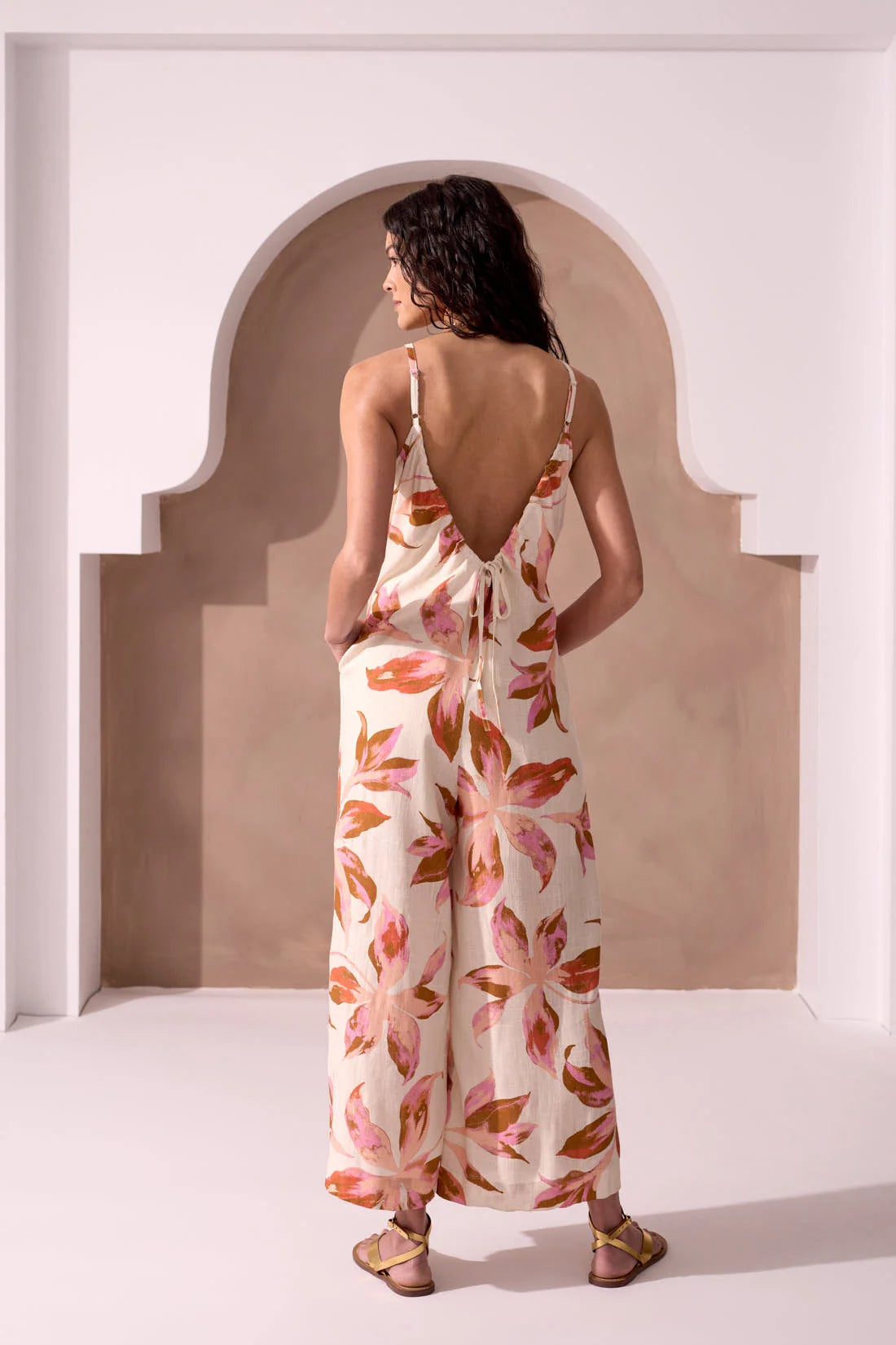 Soft Linen V-Back Wide-Leg Jumpsuit