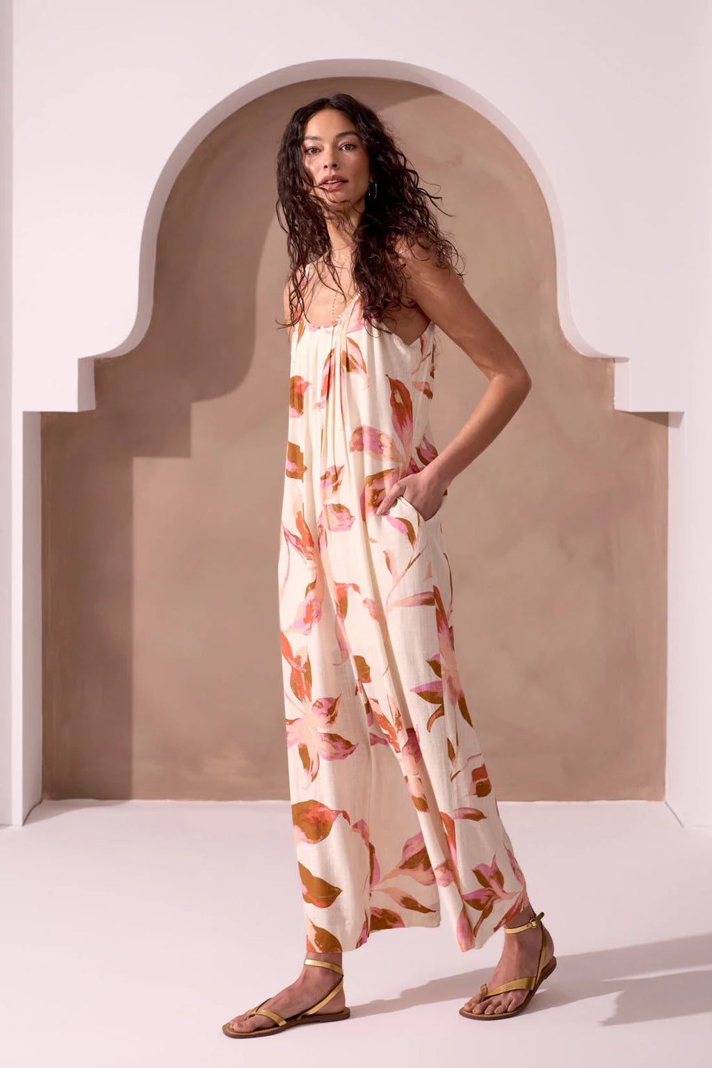Soft Linen V-Back Wide-Leg Jumpsuit