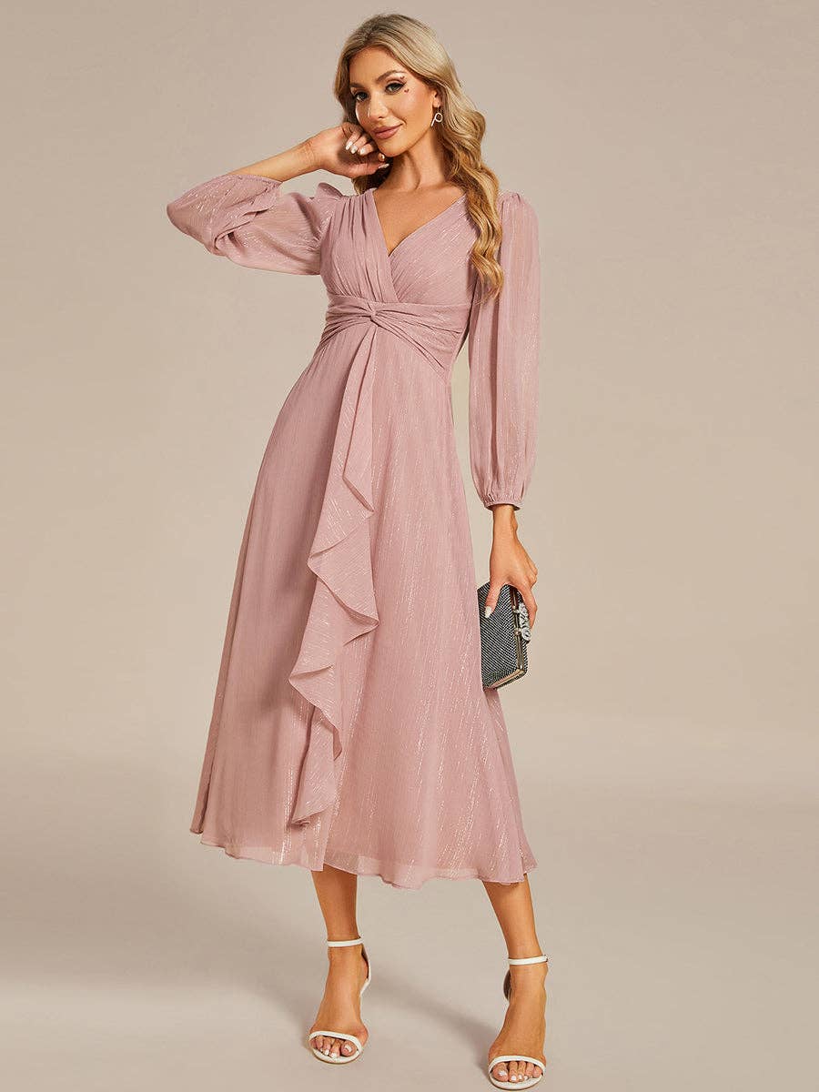 Shiny Chiffon Long Sleeve Midi Dress