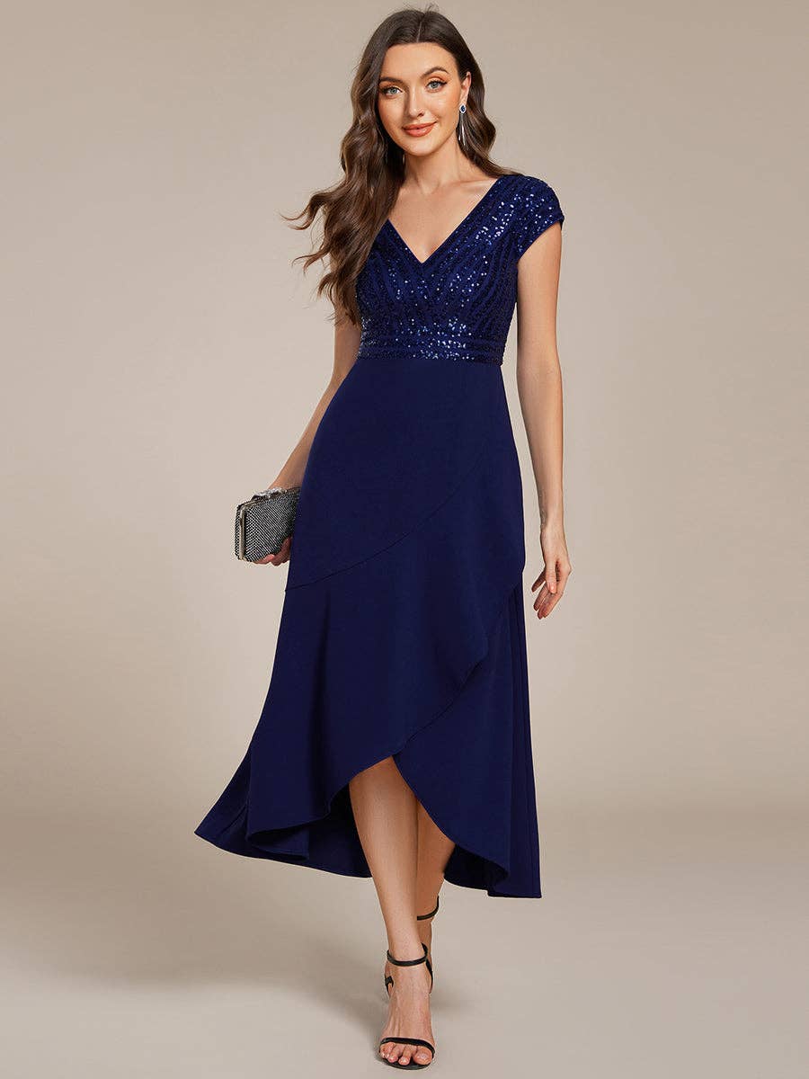 Asymmetrical Hem V-Neck Formal Evening Dress