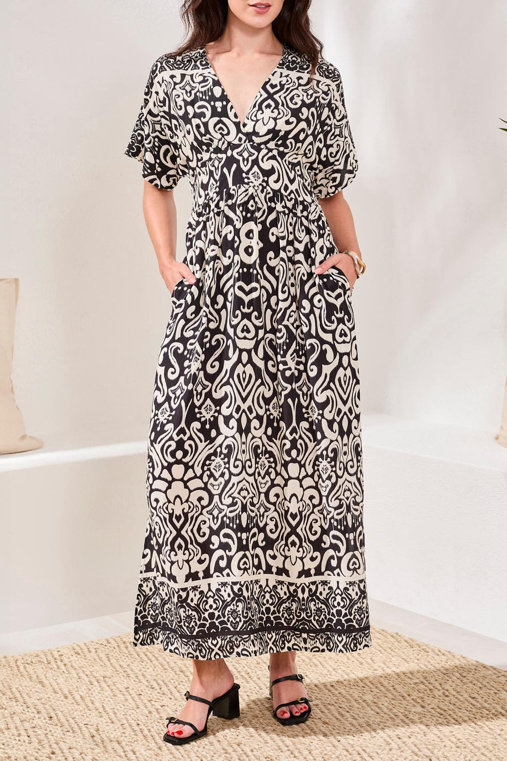 Short Sleeve Maxi Dress with Border Print