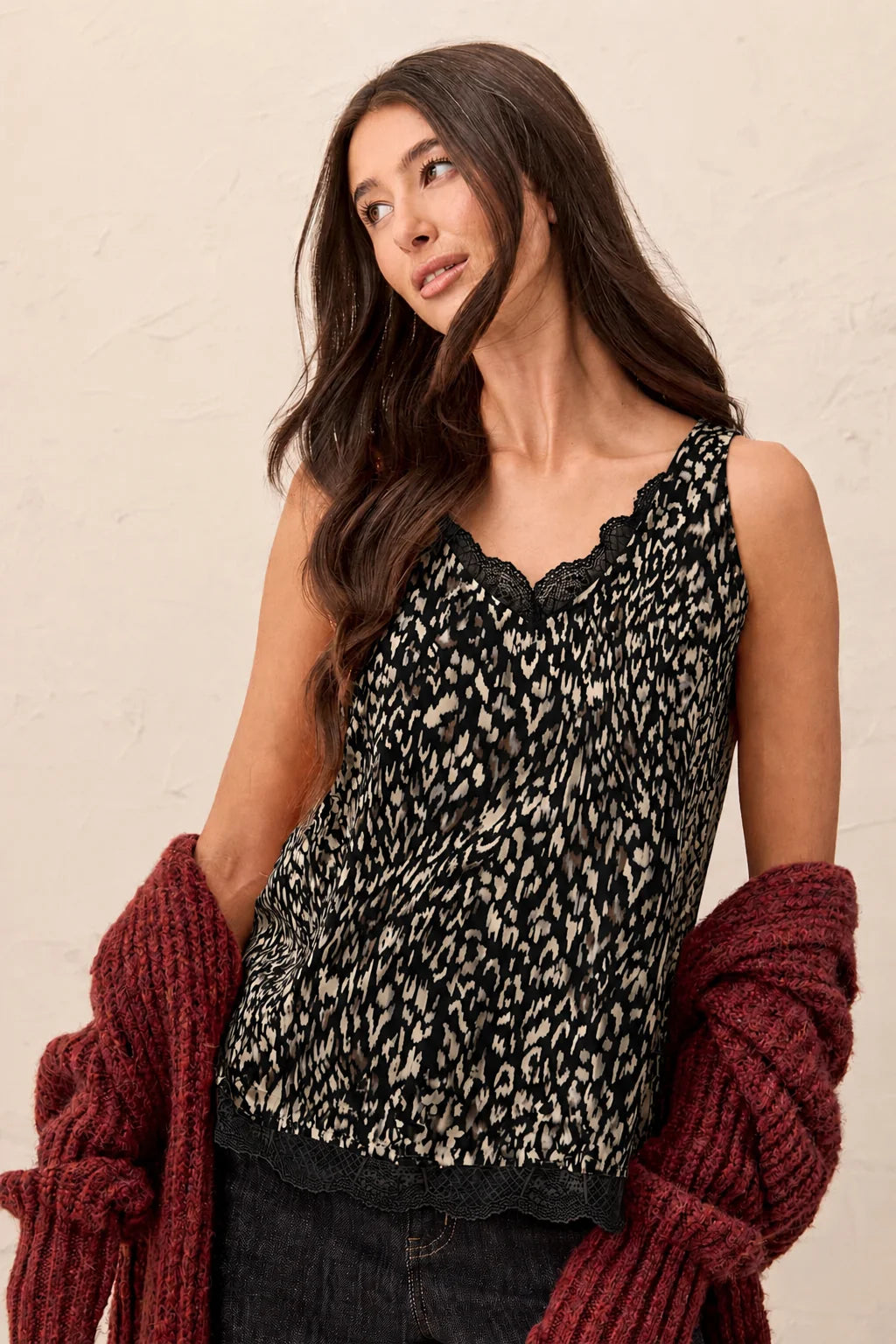 Satin Feel V-Neck Cami With Lace Trim