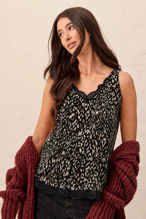 Satin Feel V-Neck Cami With Lace Trim
