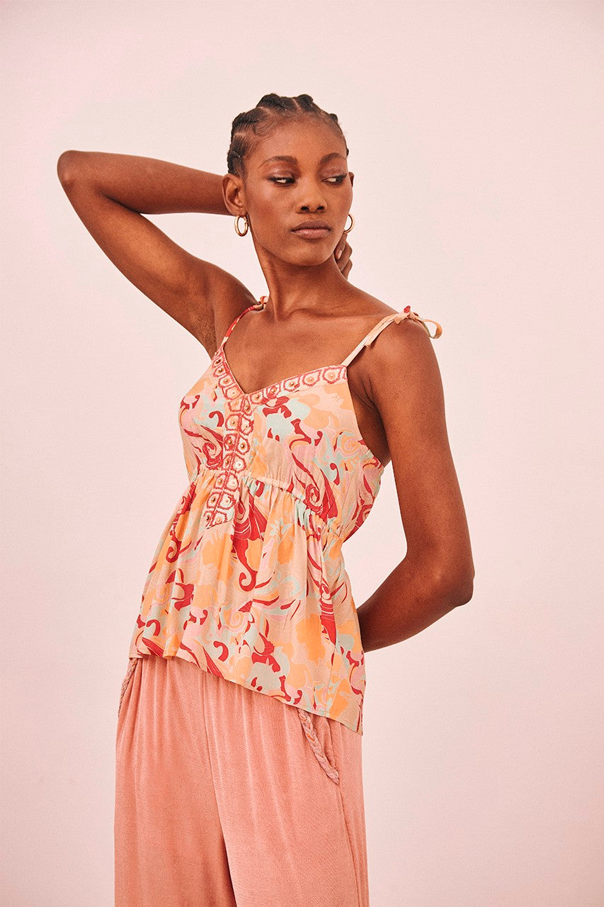 Embroidered Printed Tie Strap Blouse