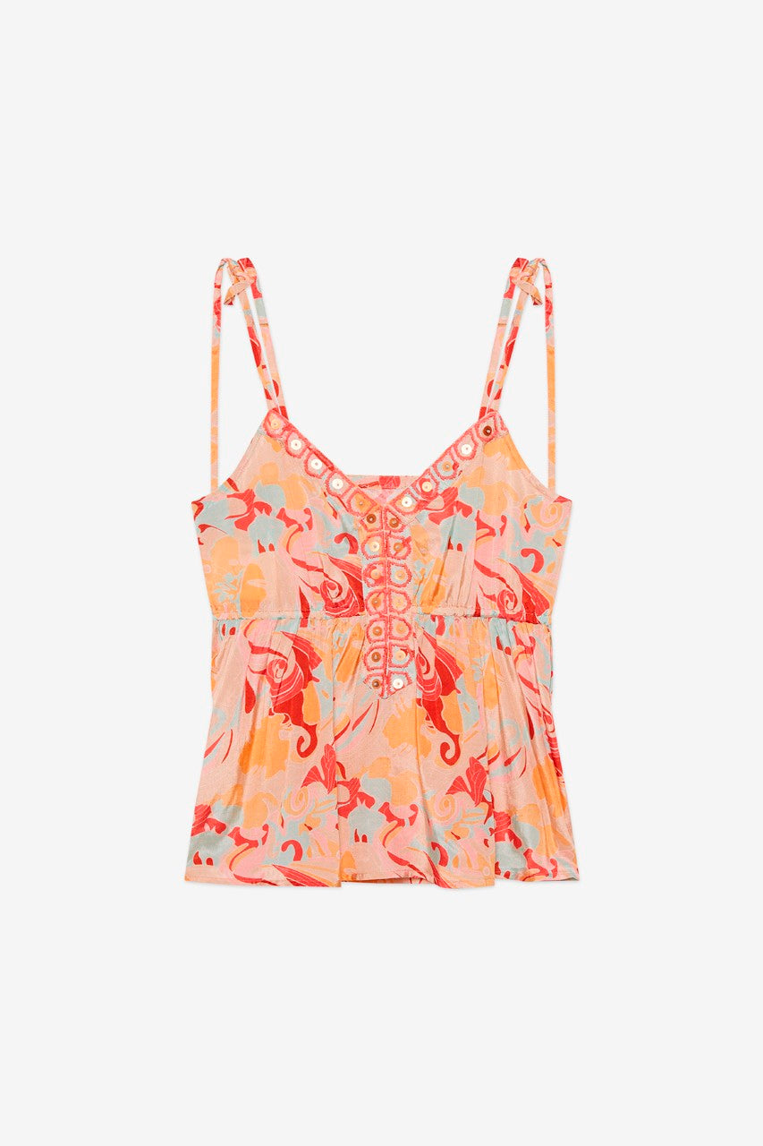 Embroidered Printed Tie Strap Blouse