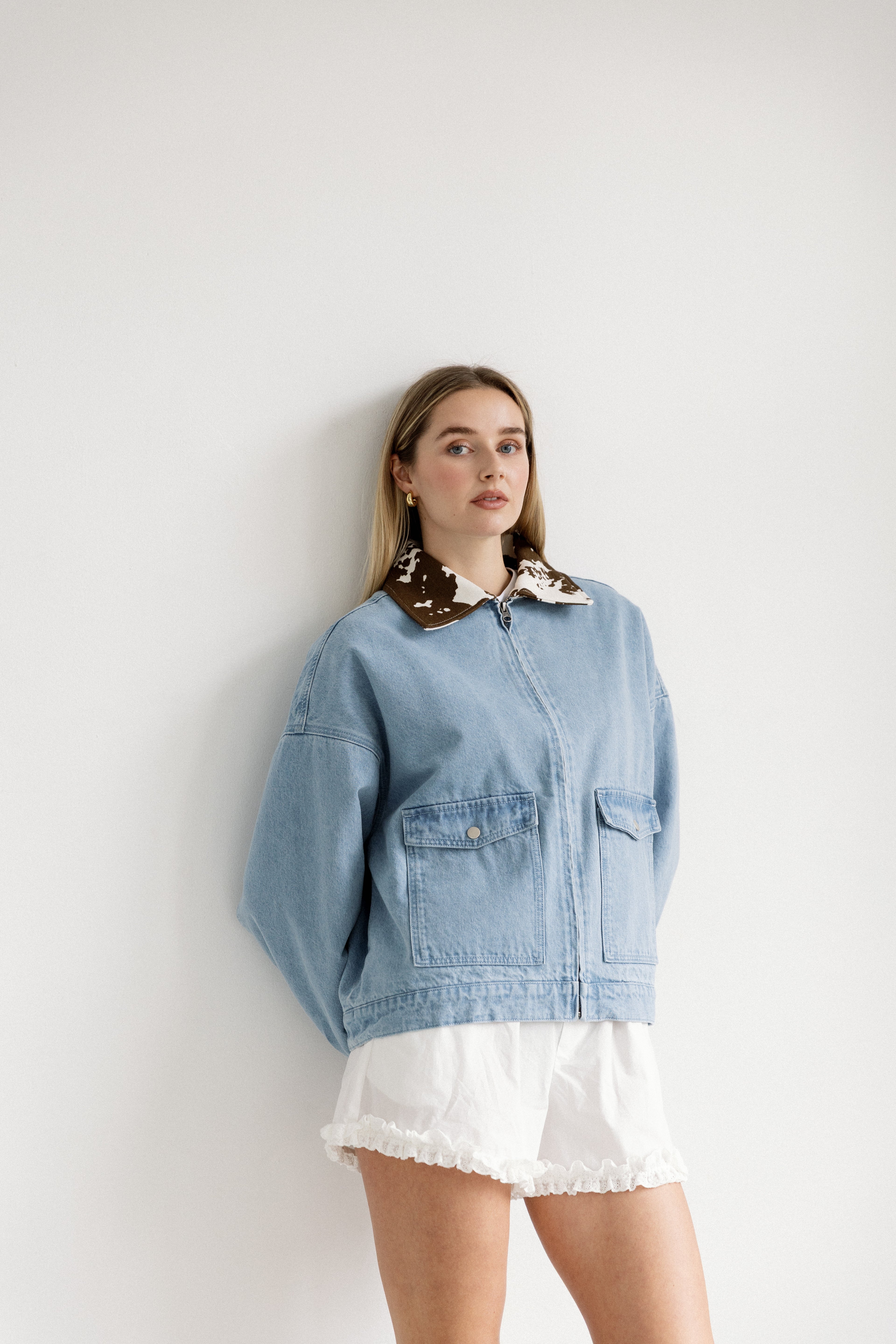 Boxy Cow Collar Denim Jacket
