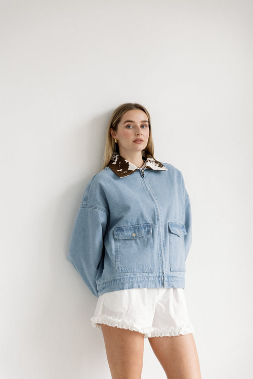 Boxy Cow Collar Denim Jacket
