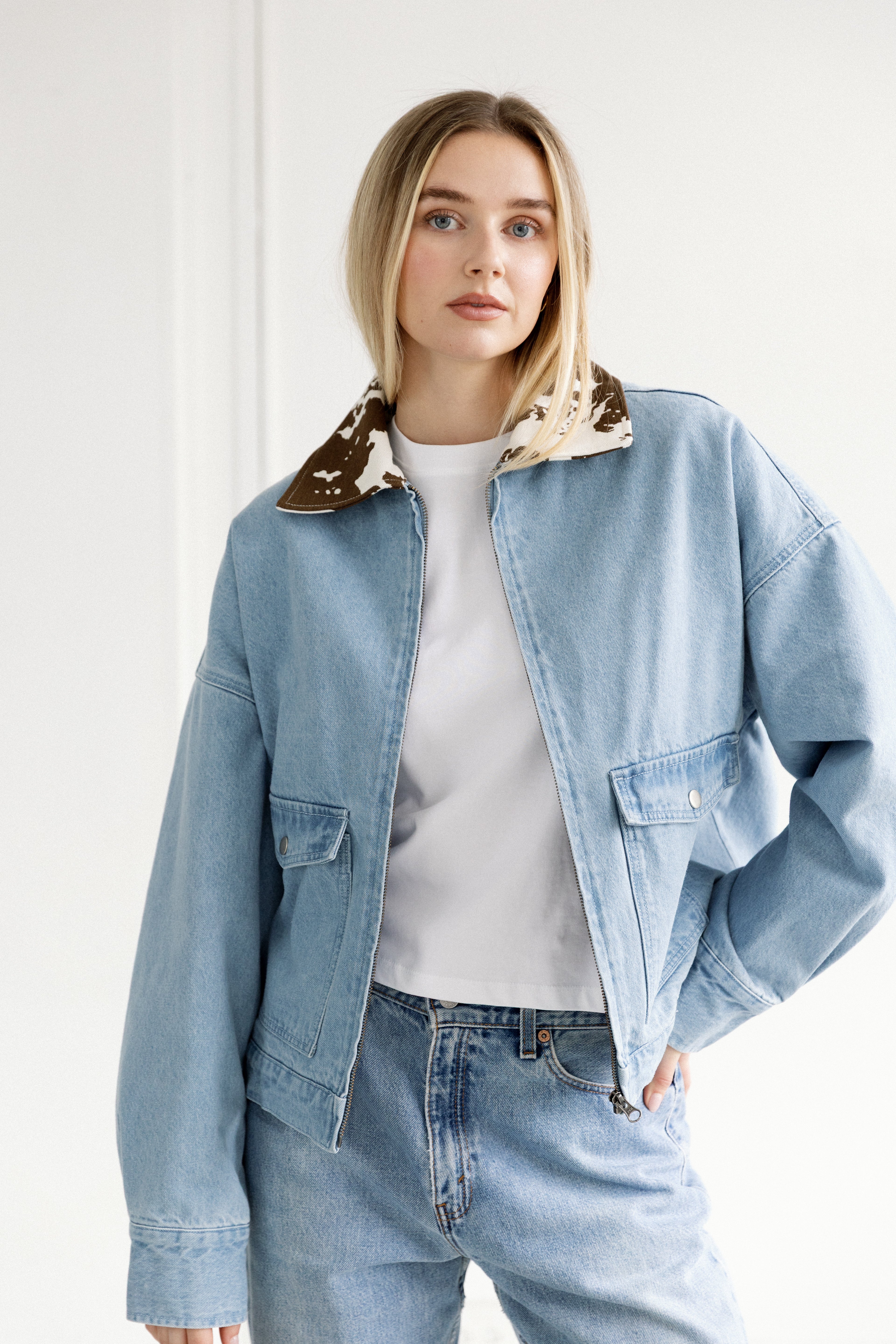Boxy Cow Collar Denim Jacket
