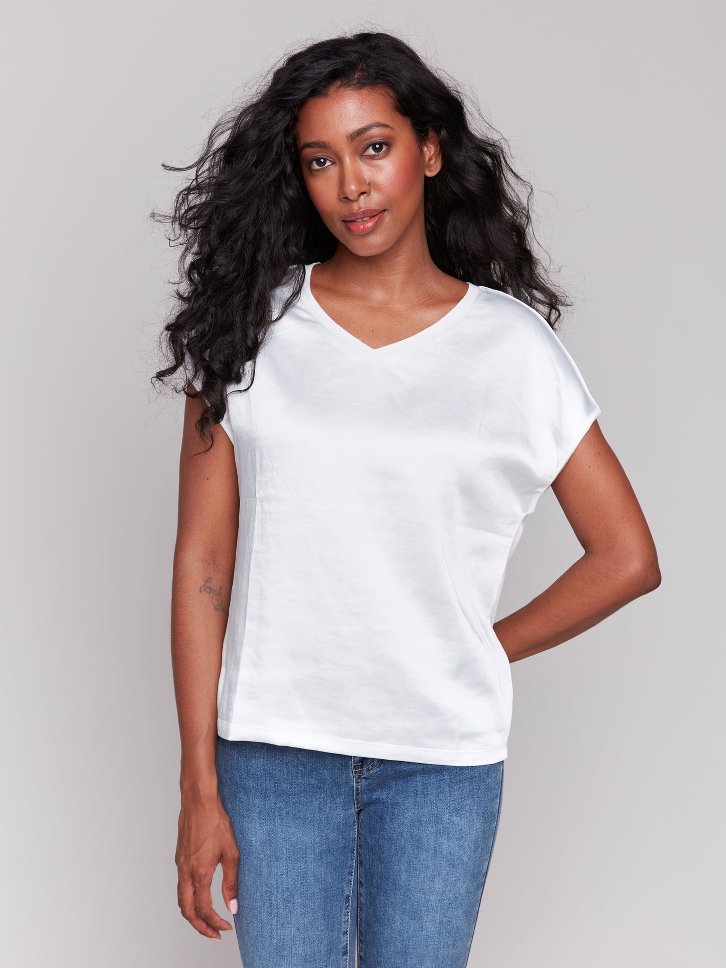 Satin V-Neck Knit Top
