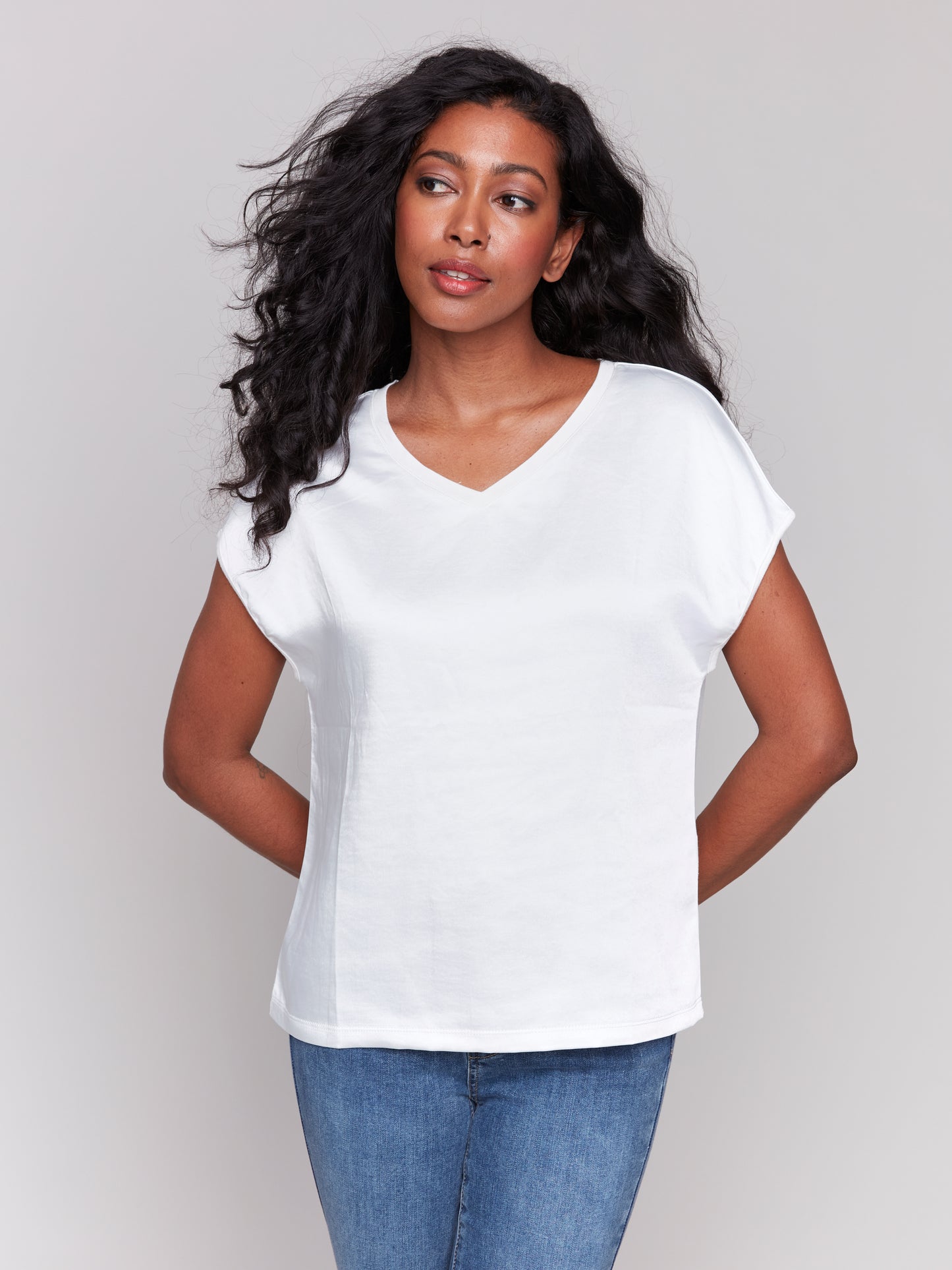 Satin V-Neck Knit Top