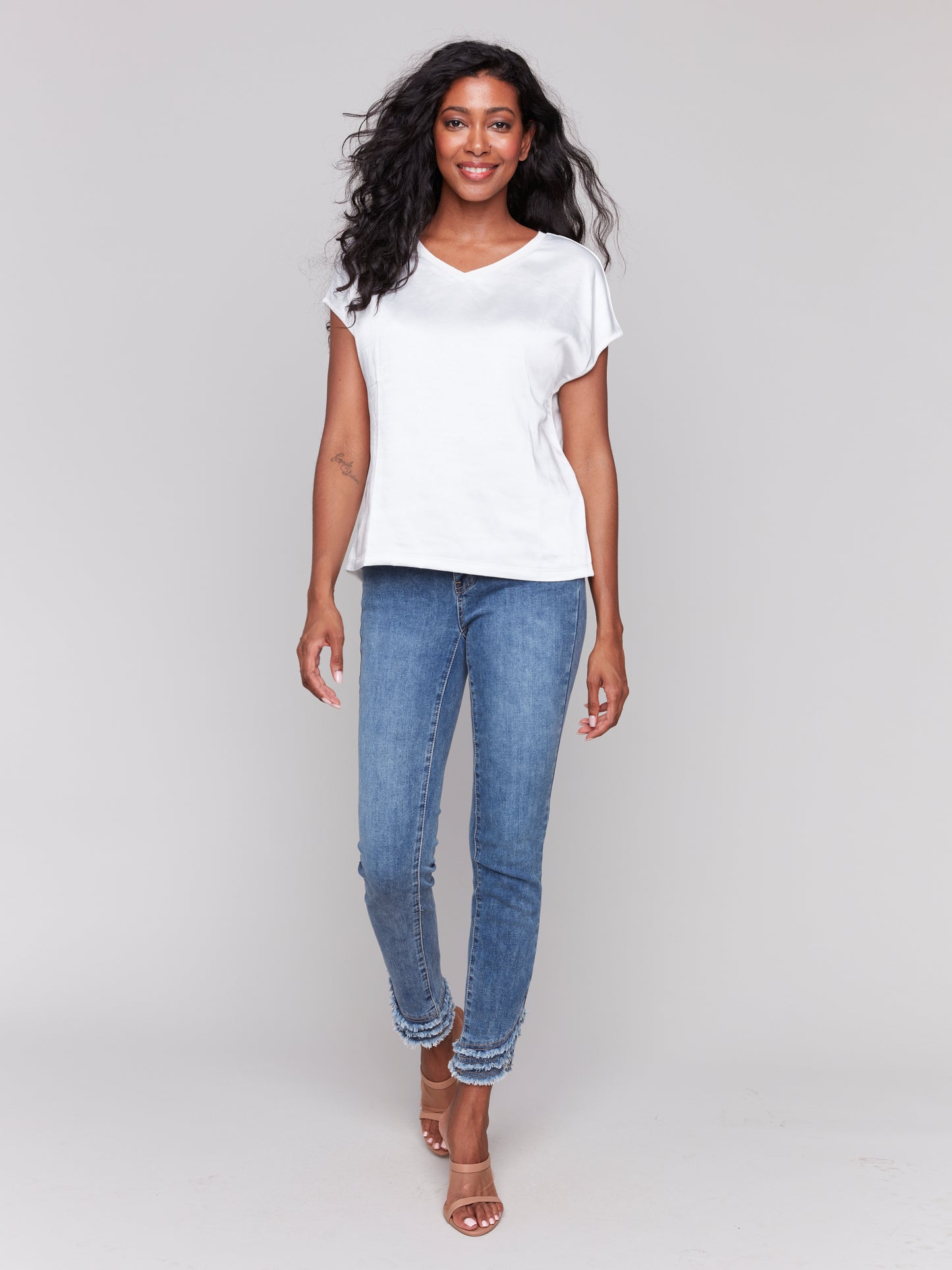 Satin V-Neck Knit Top