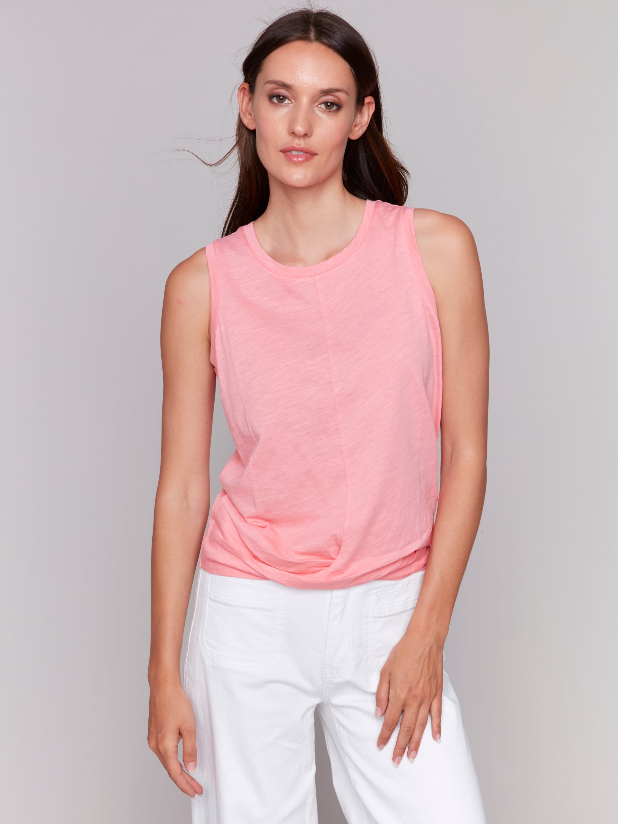 Solid Cotton Slub Tank Top With Knot Detail