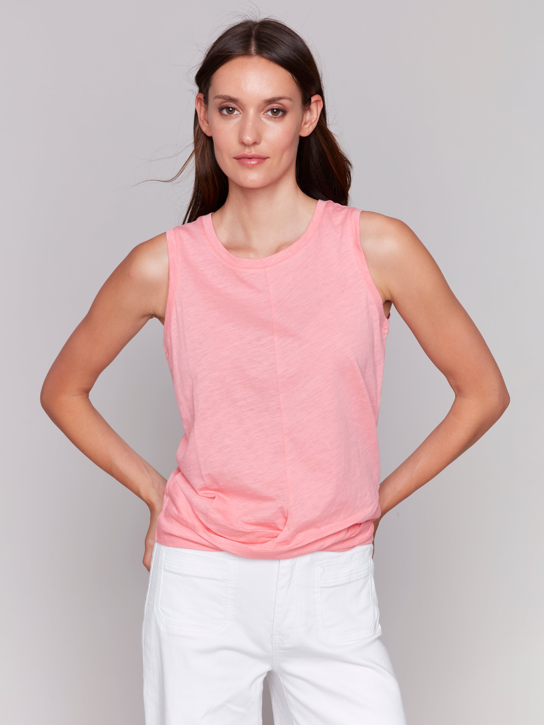 Solid Cotton Slub Tank Top With Knot Detail
