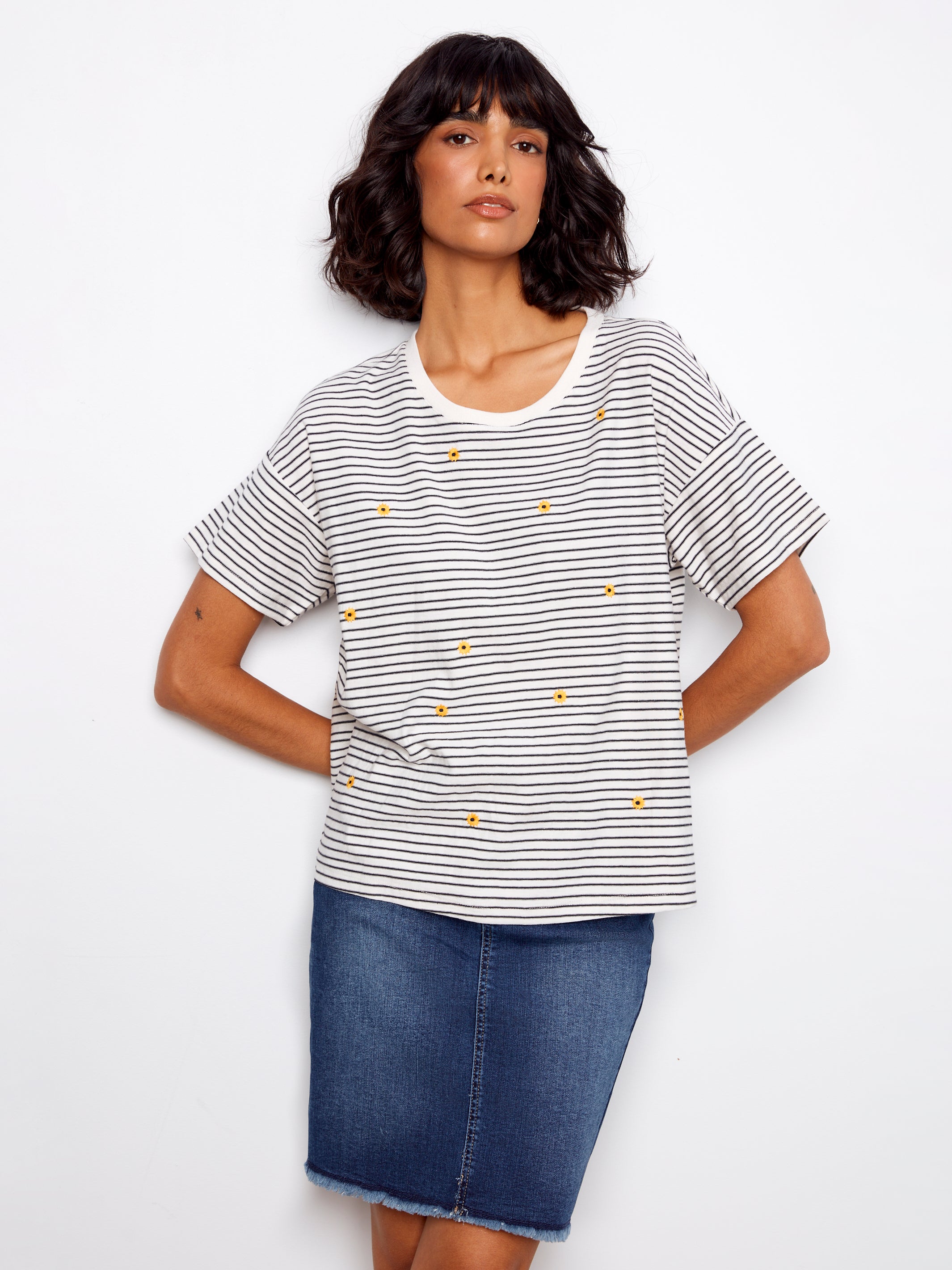 Striped Crew Neck T-Shirt with Floral Embroidery