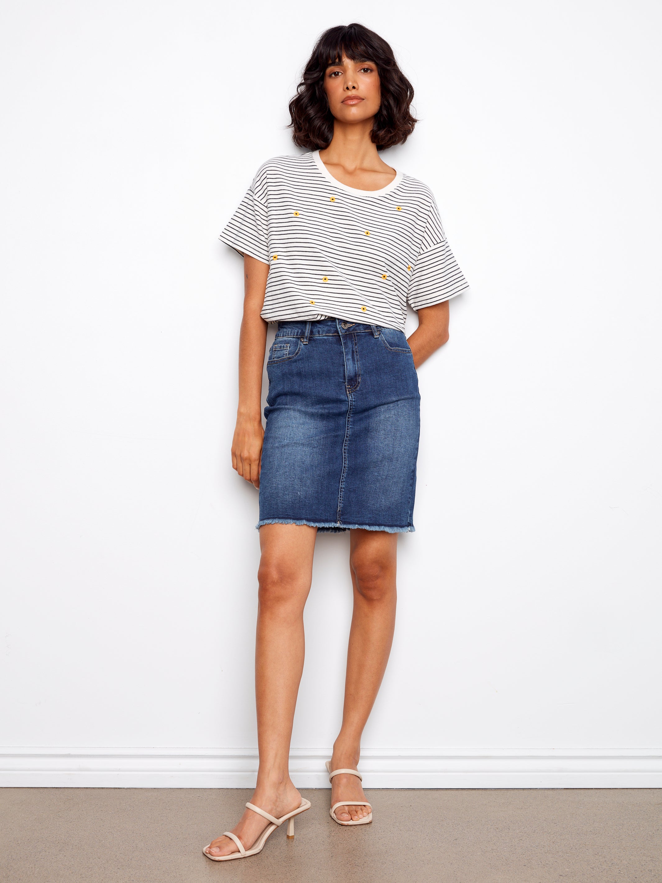 Striped Crew Neck T-Shirt with Floral Embroidery