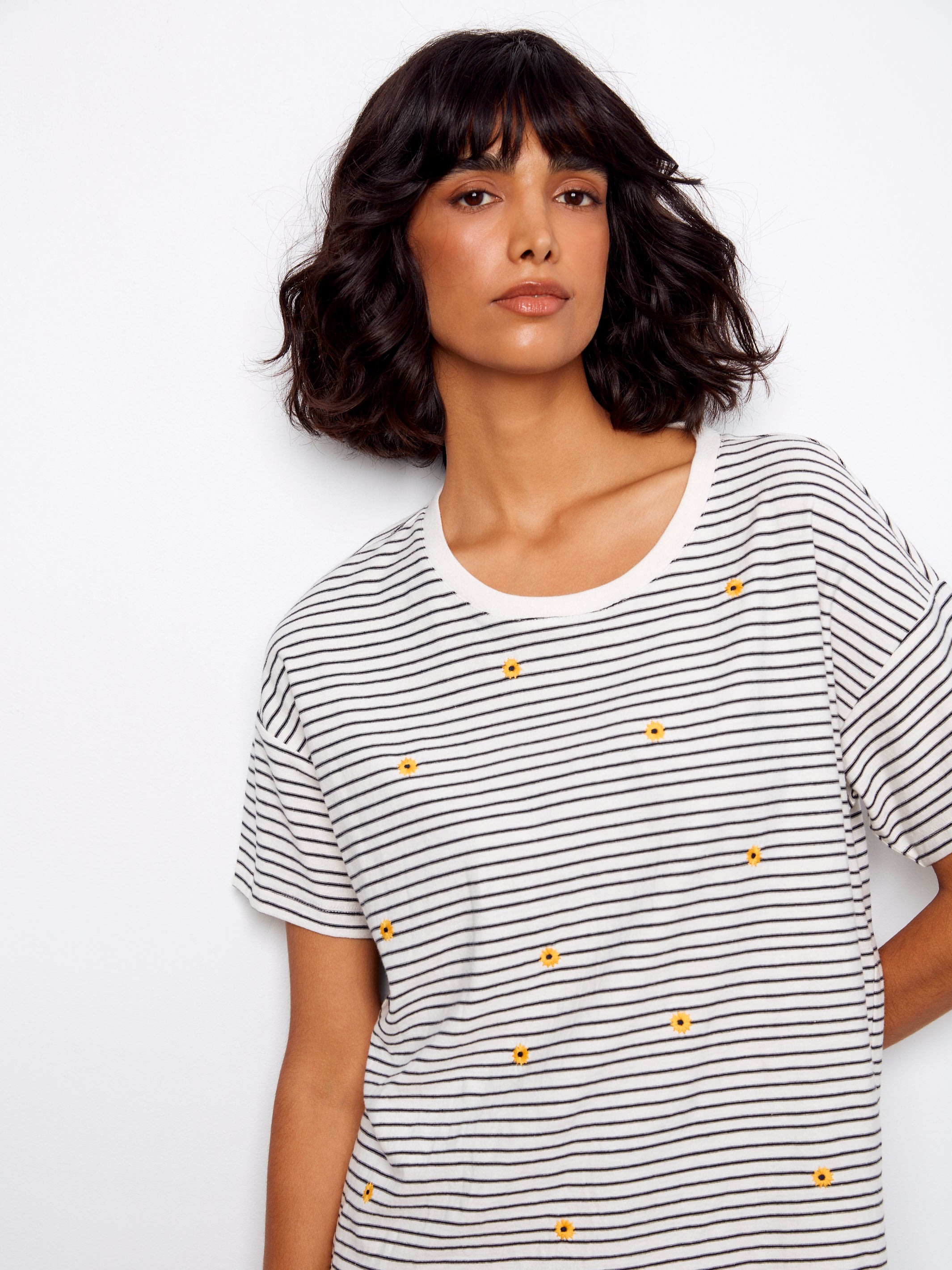 Striped Crew Neck T-Shirt with Floral Embroidery