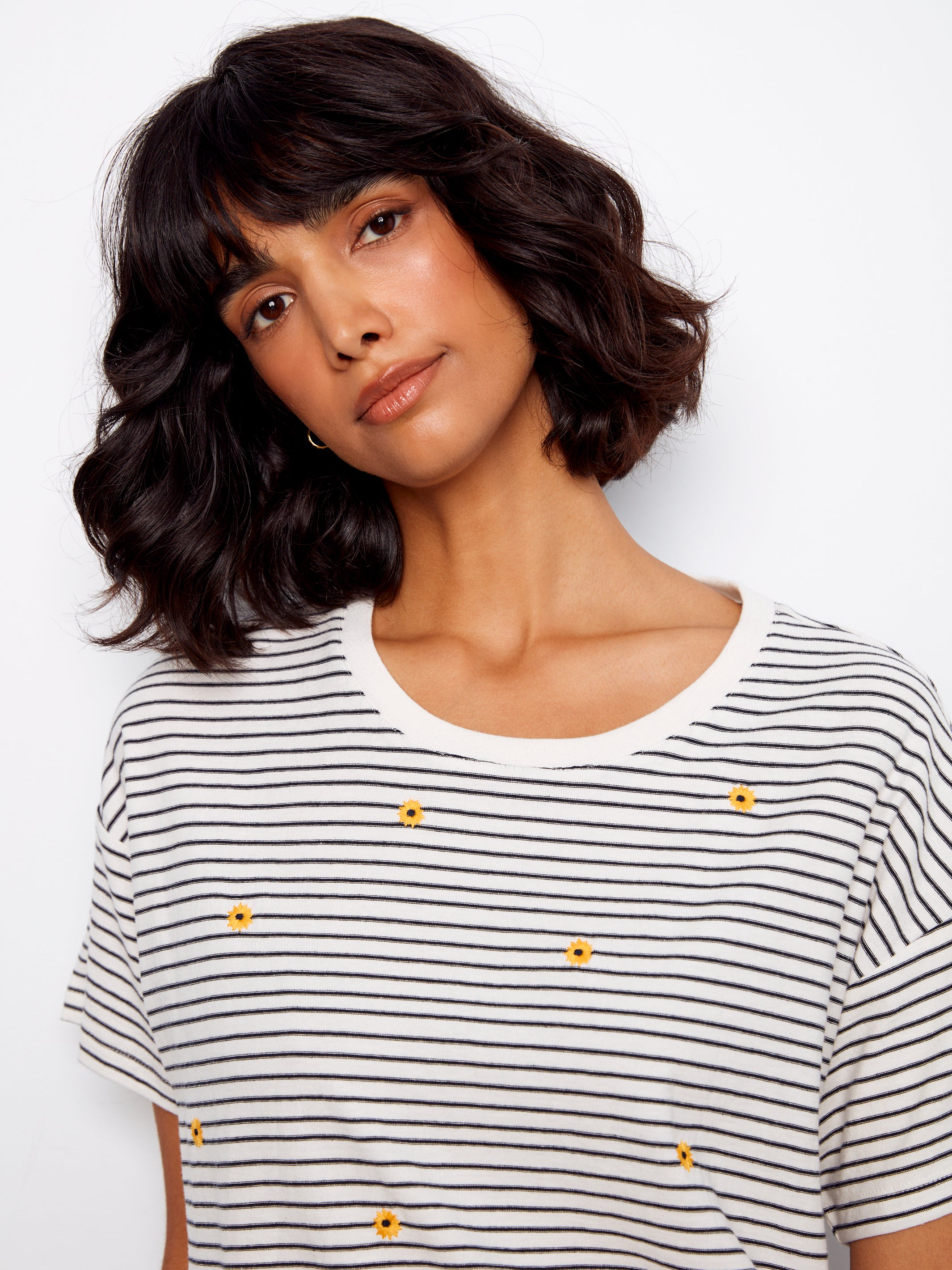Striped Crew Neck T-Shirt with Floral Embroidery