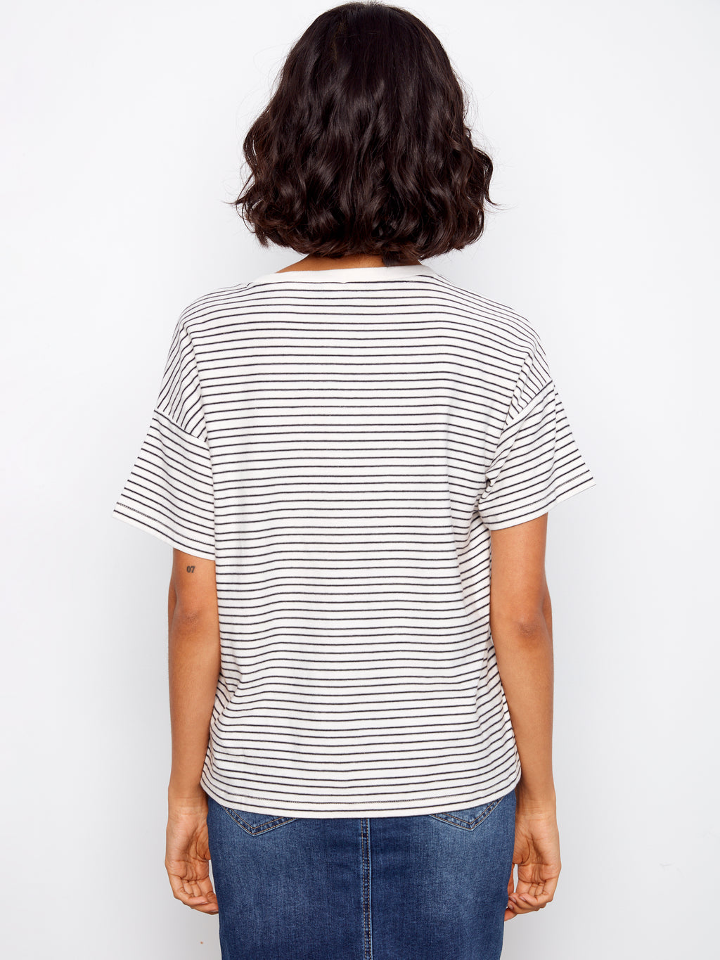 Striped Crew Neck T-Shirt with Floral Embroidery