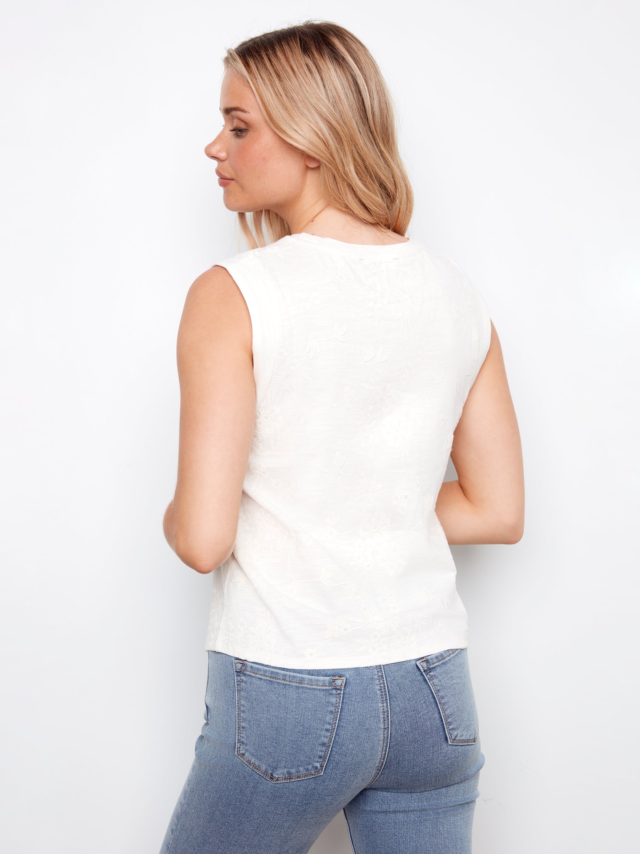 Sleeveless Crew Neck Top with All Over Embroidery