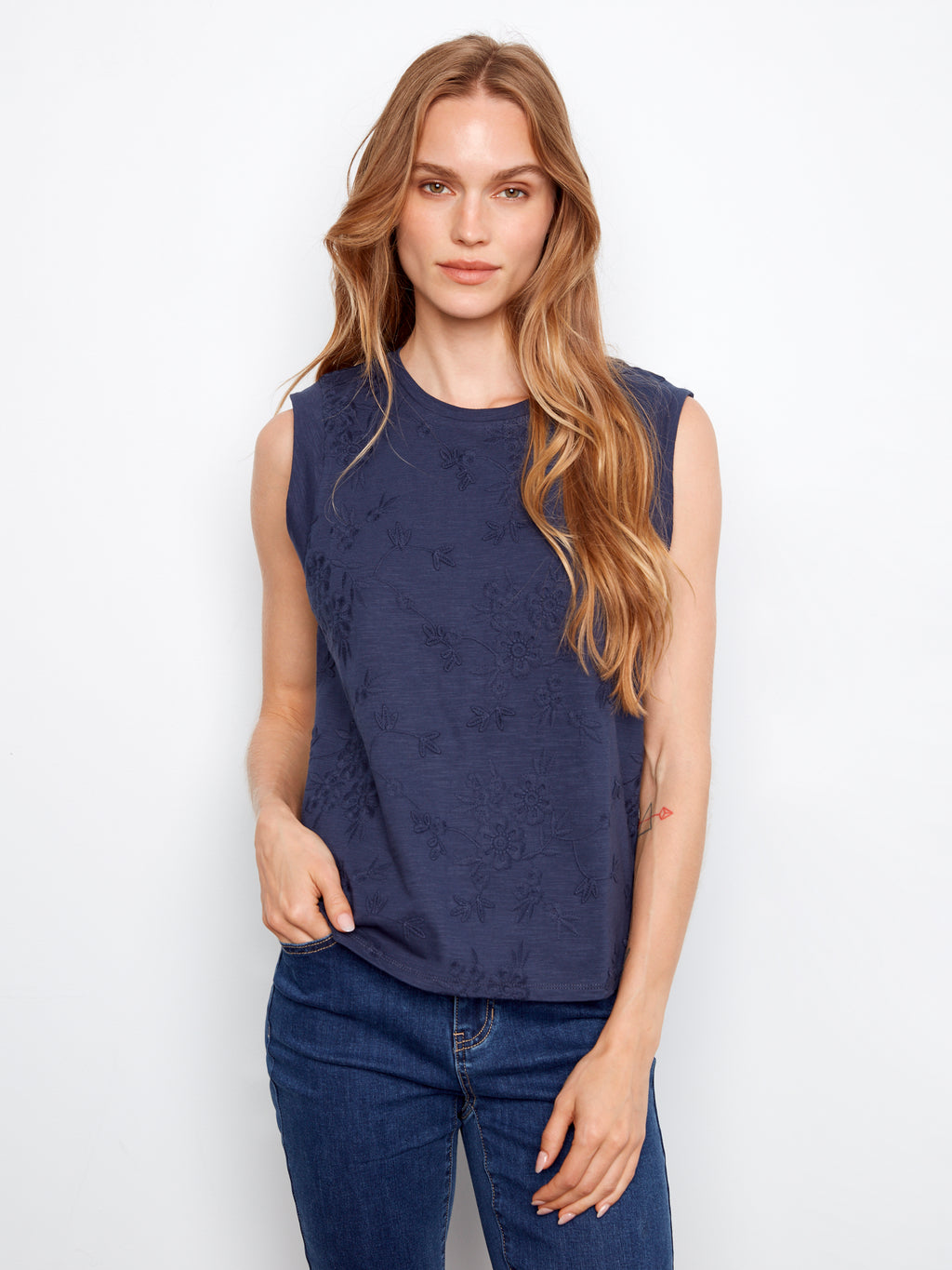 Sleeveless Crew Neck Top with All Over Embroidery