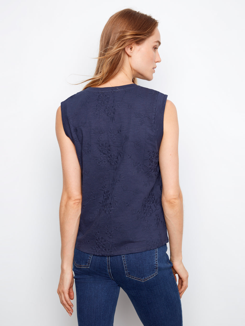 Sleeveless Crew Neck Top with All Over Embroidery