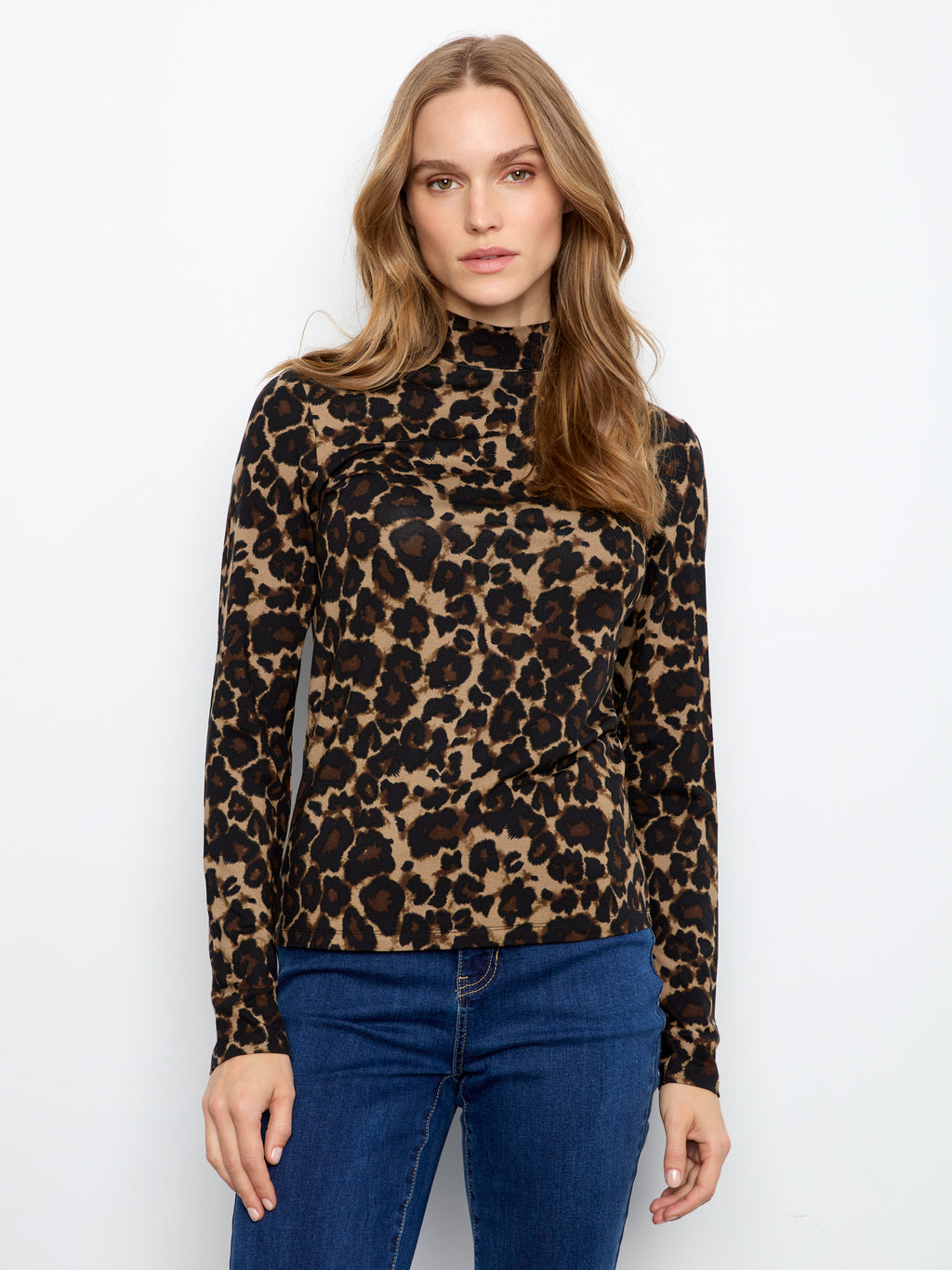 Printed Jersey Long Sleeve Mock Neck Top