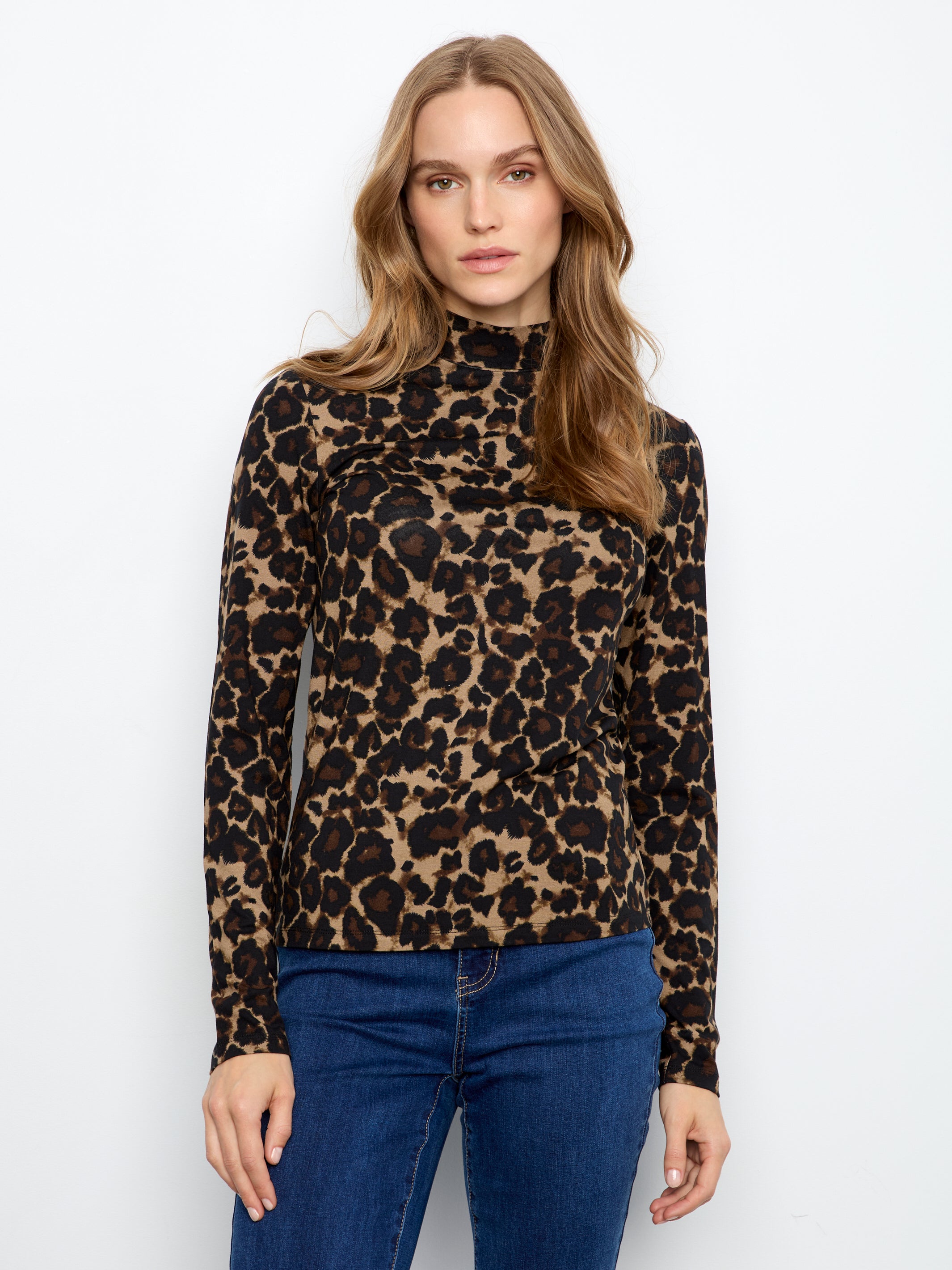 Printed Jersey Long Sleeve Mock Neck Top