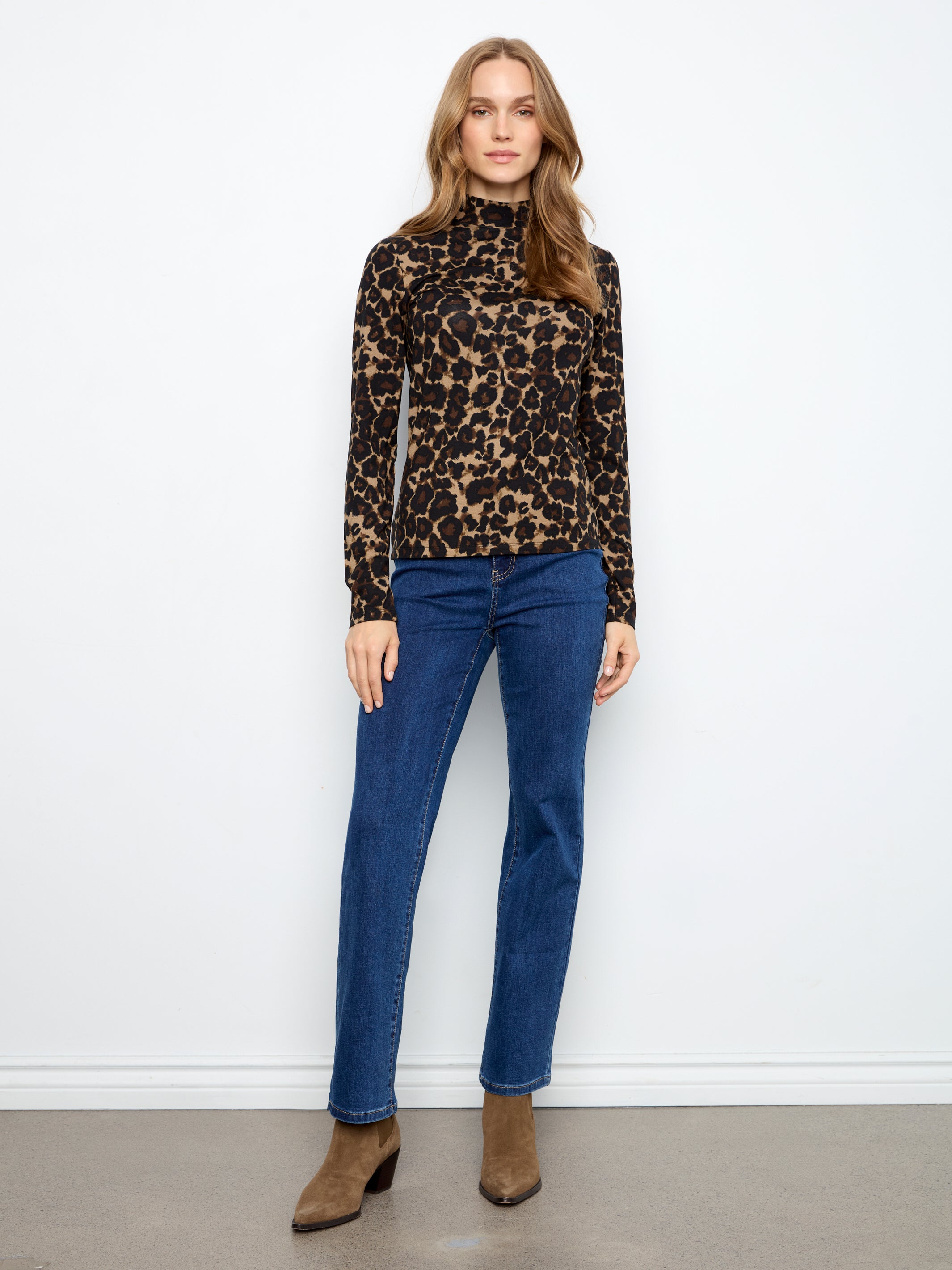 Printed Jersey Long Sleeve Mock Neck Top