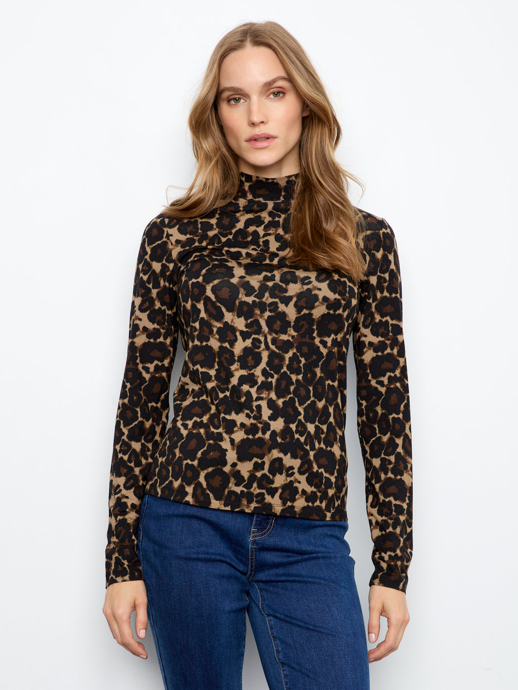 Printed Jersey Long Sleeve Mock Neck Top