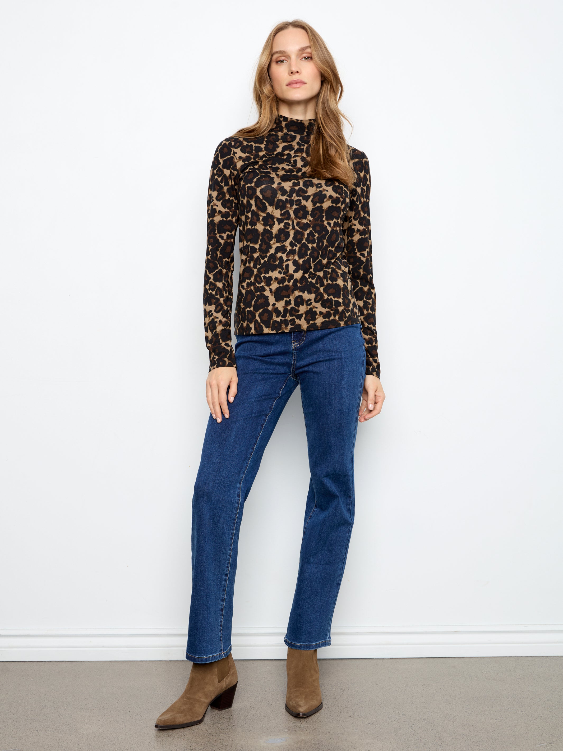 Printed Jersey Long Sleeve Mock Neck Top